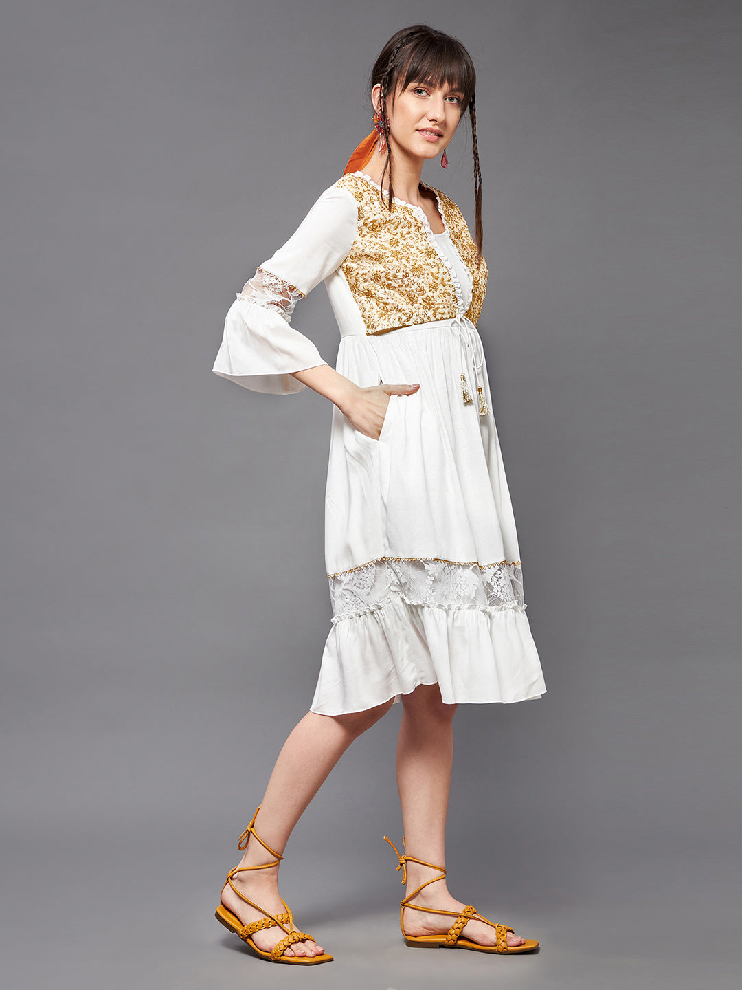 Women's Off-White Square Neck Ruffled Sleeve Viscose Rayon Embroidered Jacket Paneled Midi Dress