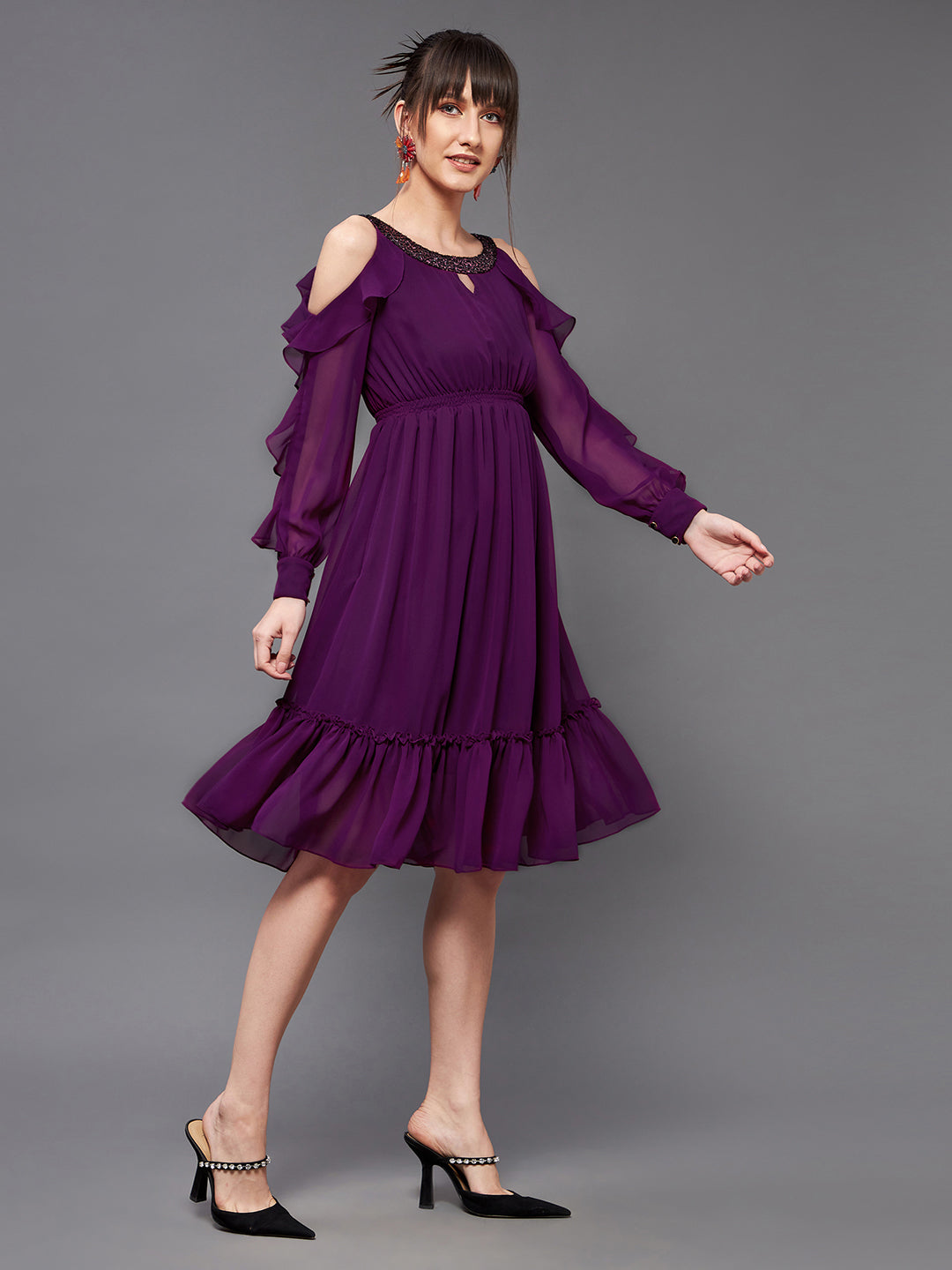 Women's Dark Purple Solid Round Neck Full Sleeves Polyester Ruffled Knee Length Dress