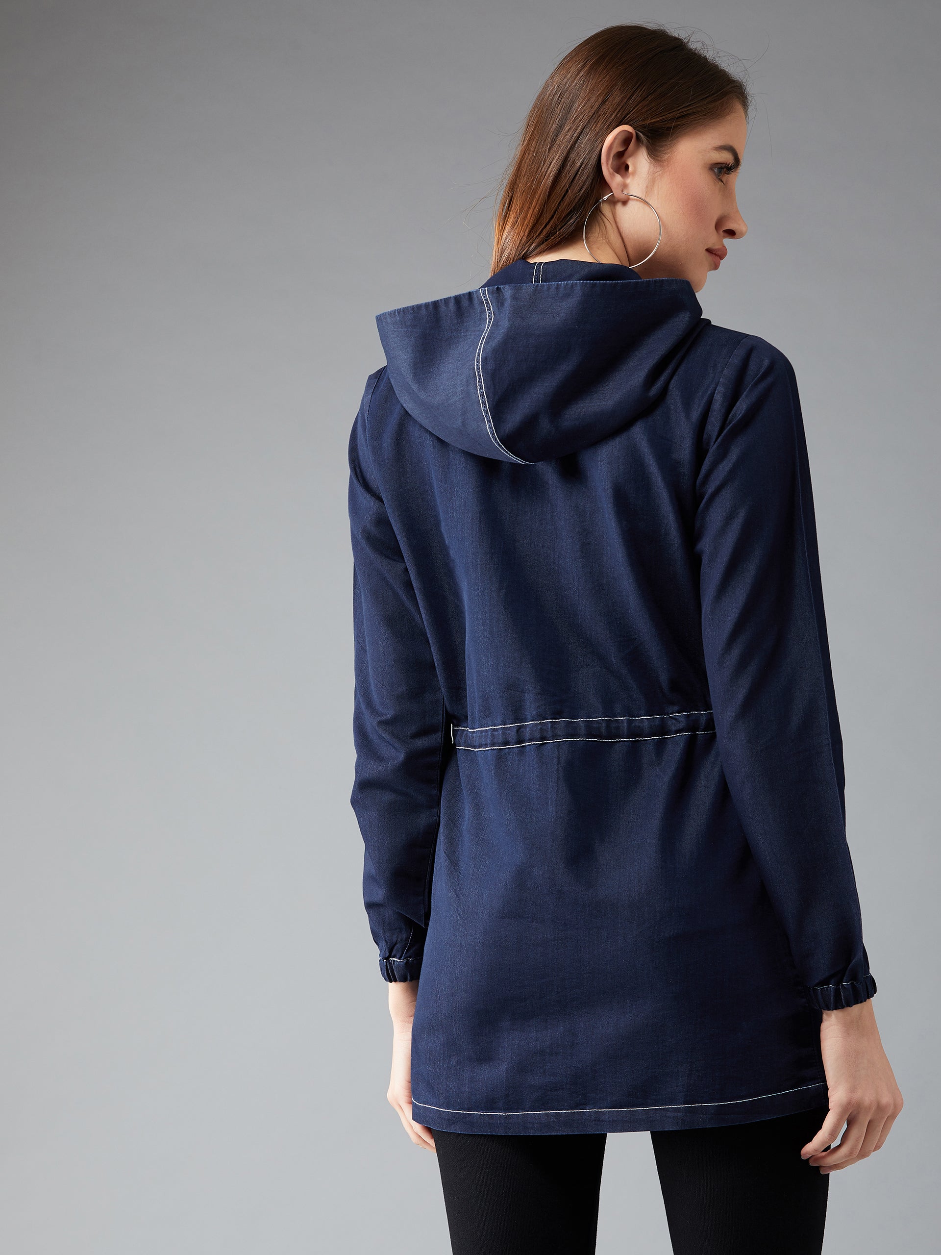 Women's Navy Round Neck Full Sleeve Solid Long hoodie with tie-up Regular Jacket