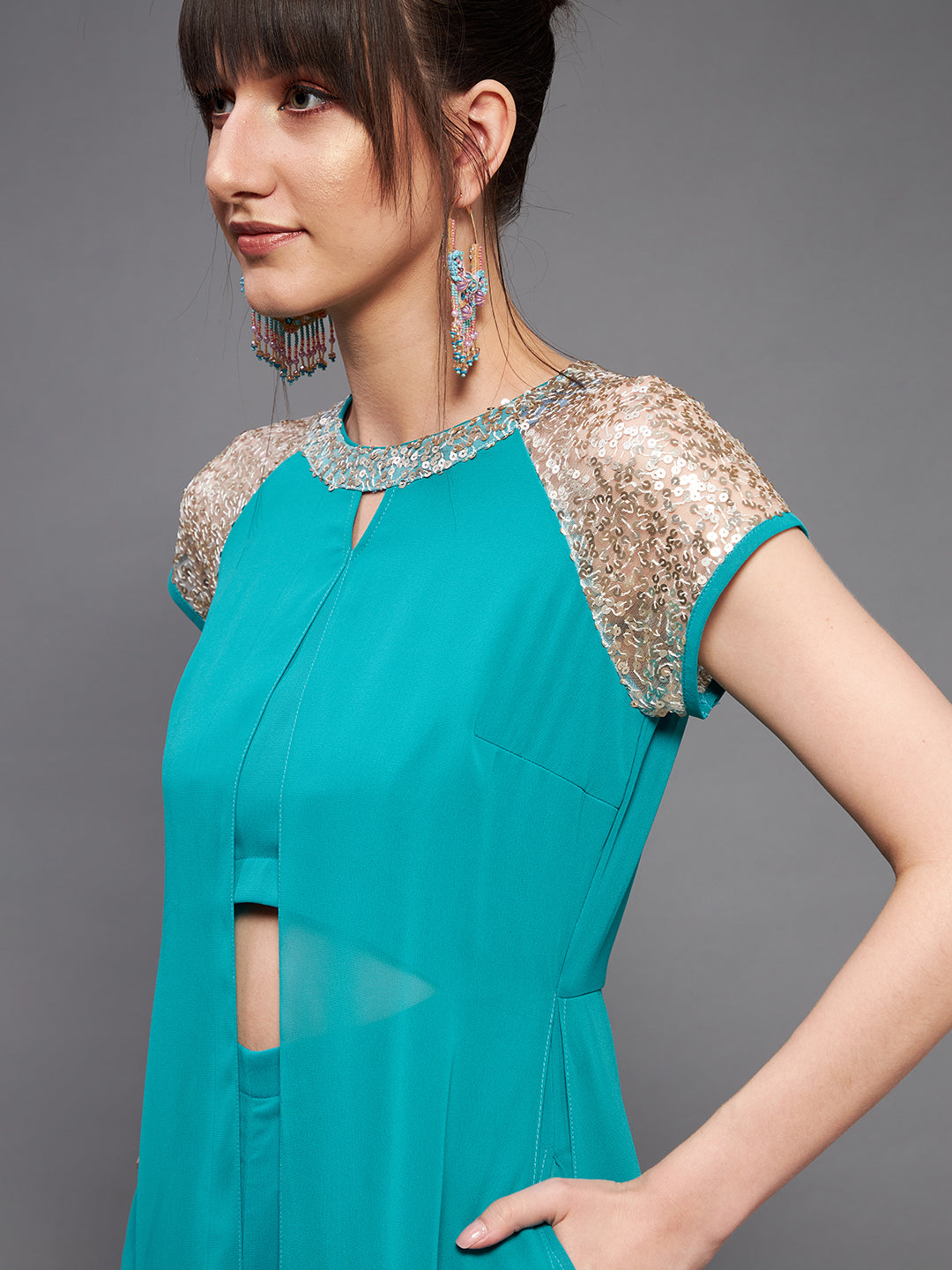 Women's Turquoise Round Neck Raglan Sleeve Sequined Layered Party Jumpsuit