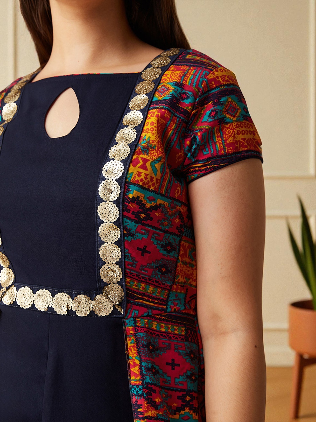 Multicolored-Base-Navy-Blue Keyhole-Neck Regular Sleeve Bohemian Paneled Viscose-Rayon Regular-Length Jumpsuit for Girls/Teenagers