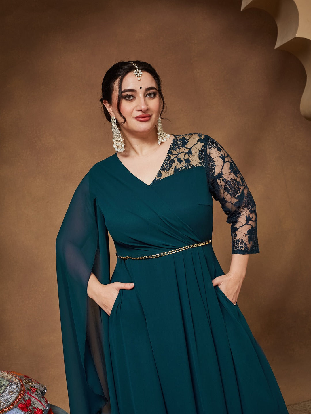 Teal V-Neck Asymmetric Self-Designed Georgette Maxi Dress for Women