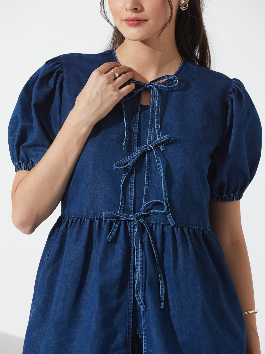 Navy Blue Round Neck Puff Sleeve Tie-Up Knee-Length Denim Dress For Women
