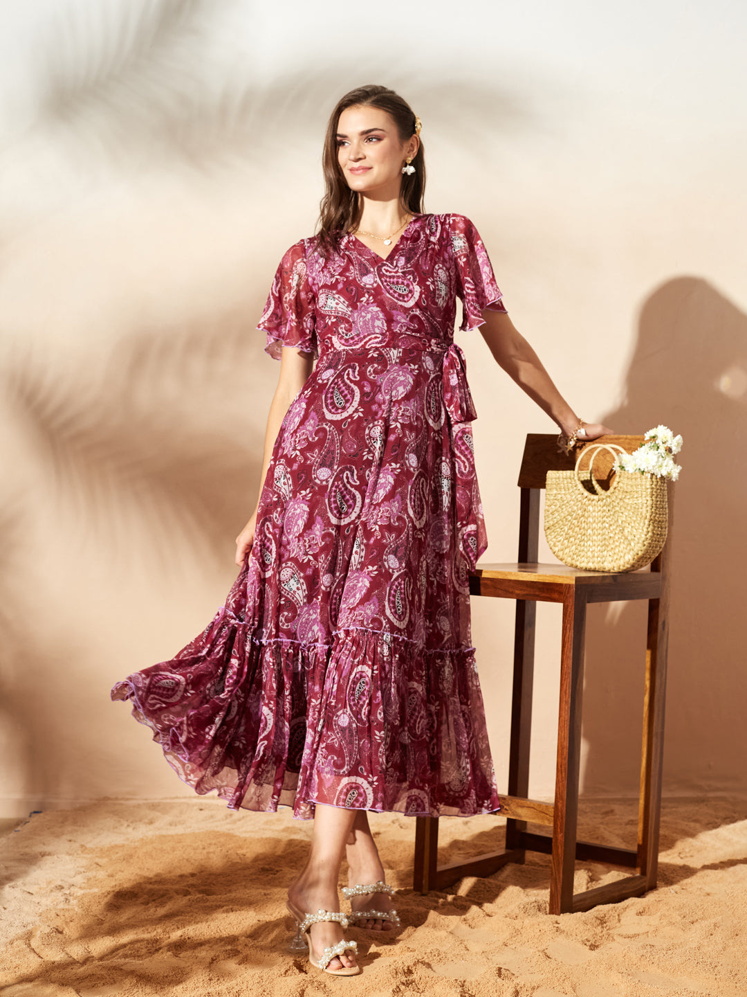 Wine Floral Printed Flutter Sleeves Maxi Dress for Women