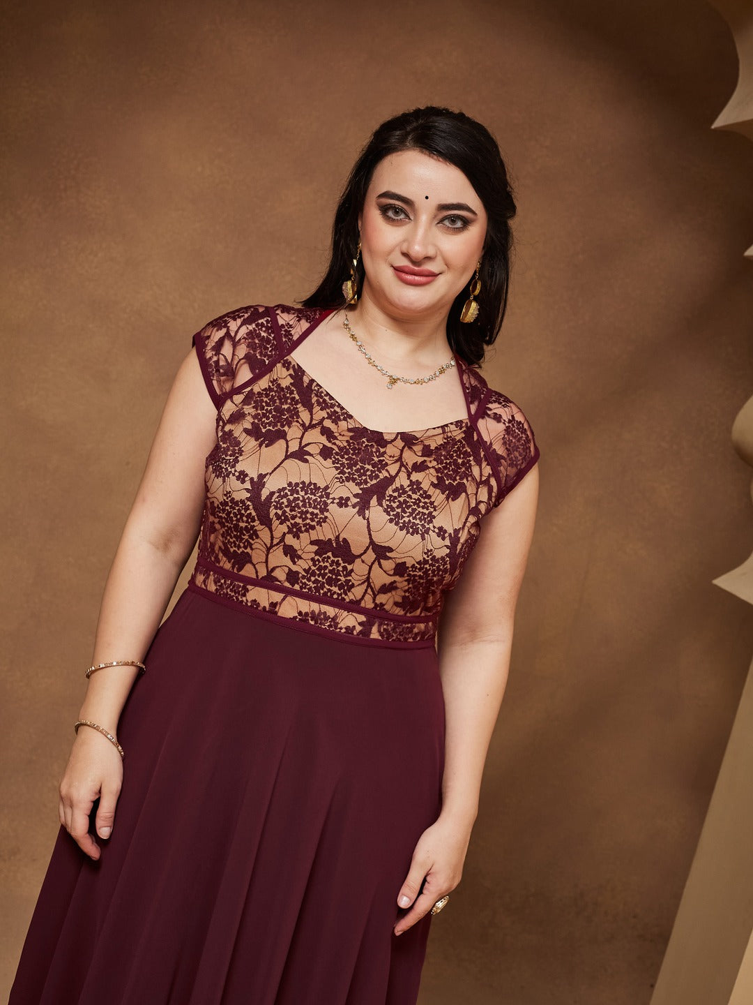 Wine & Beige Floral V - Neck Cap Short Sleeves Lace Overlaid Fit & Flare Paneled Maxi Dress for Women