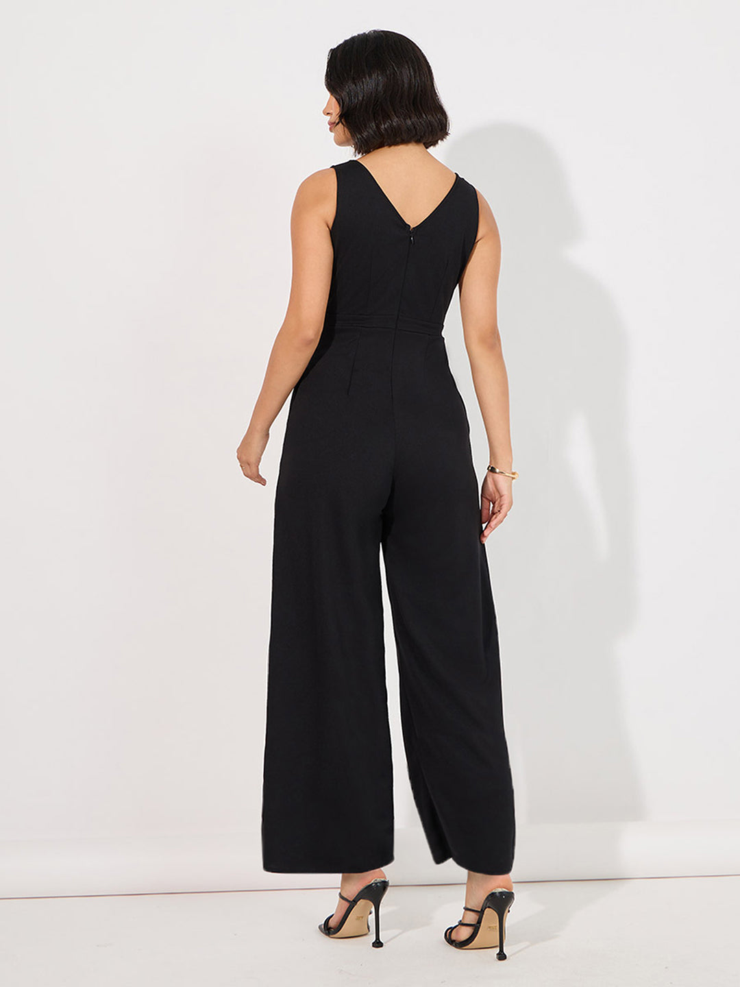 Women's Black Square-Neck Sleeveless Embellished Layered Polyester Jumpsuit