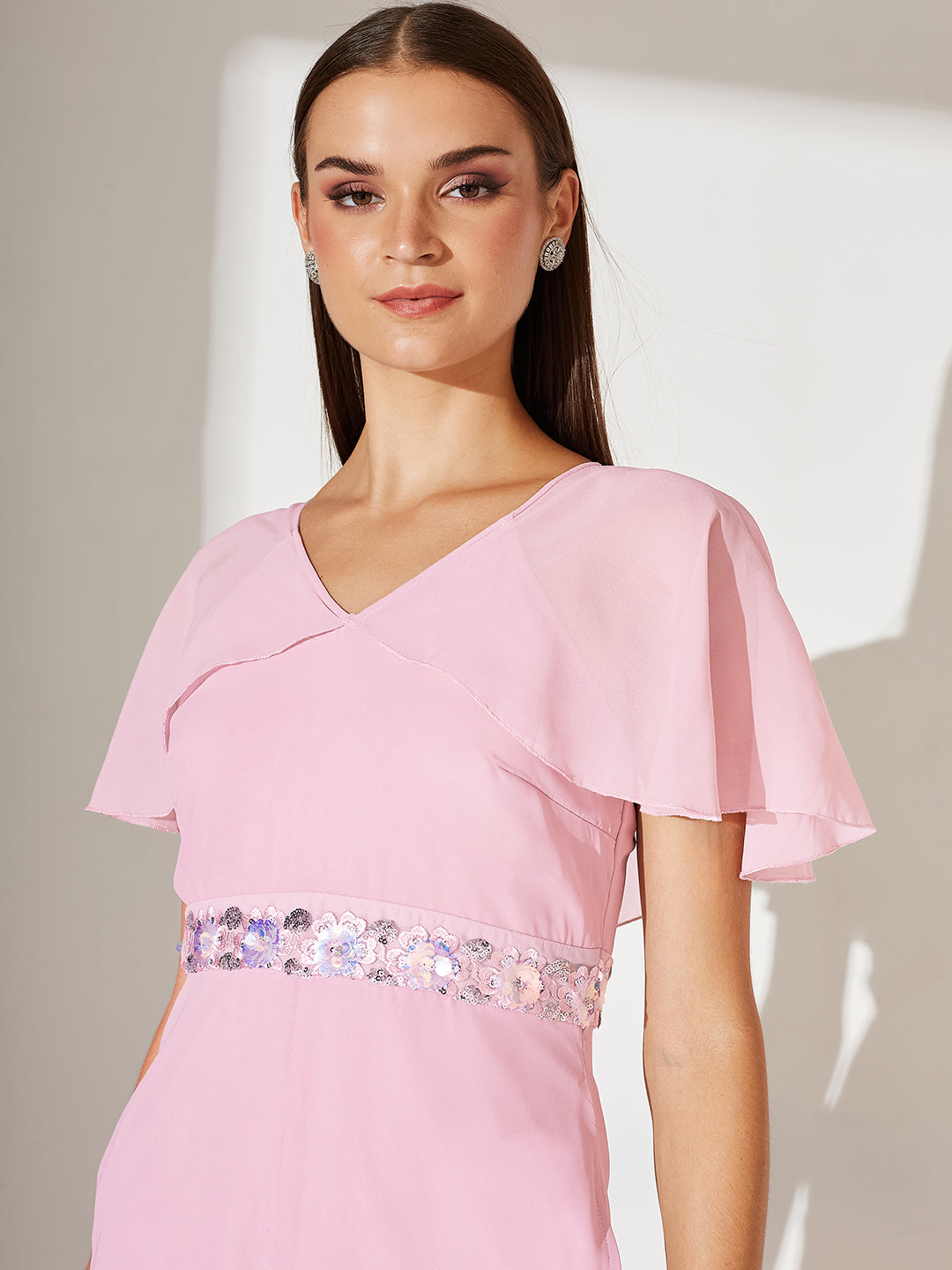 Women's Light Pink Georgette V-Neck Cape Solid Layered Regular Jumpsuit