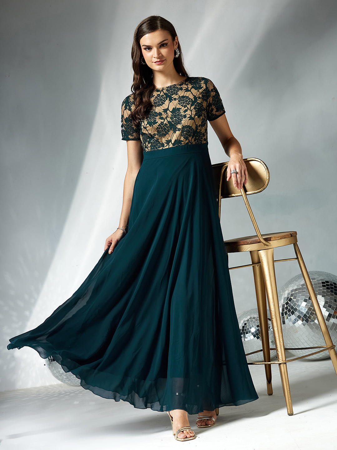Teal Round Neck Half Sleeve Self Design Fit & Flare Georgette Maxi Dress for Women