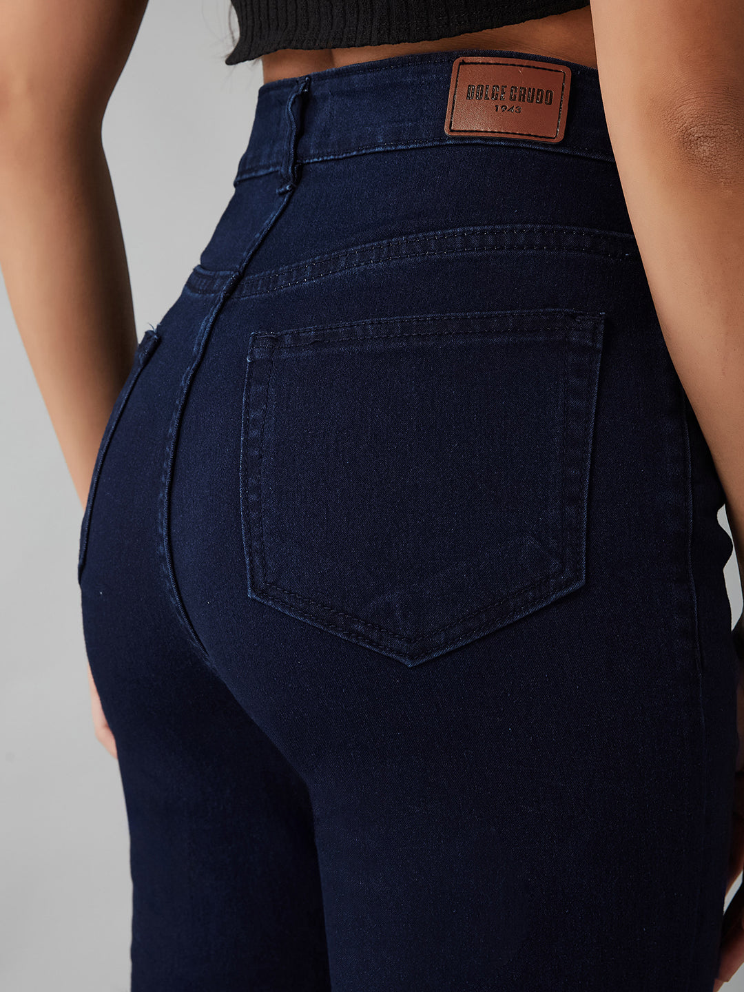 Navy-Blue High-Rise Checked Peeps Stretchable Denim Bootcut Jeans for Women