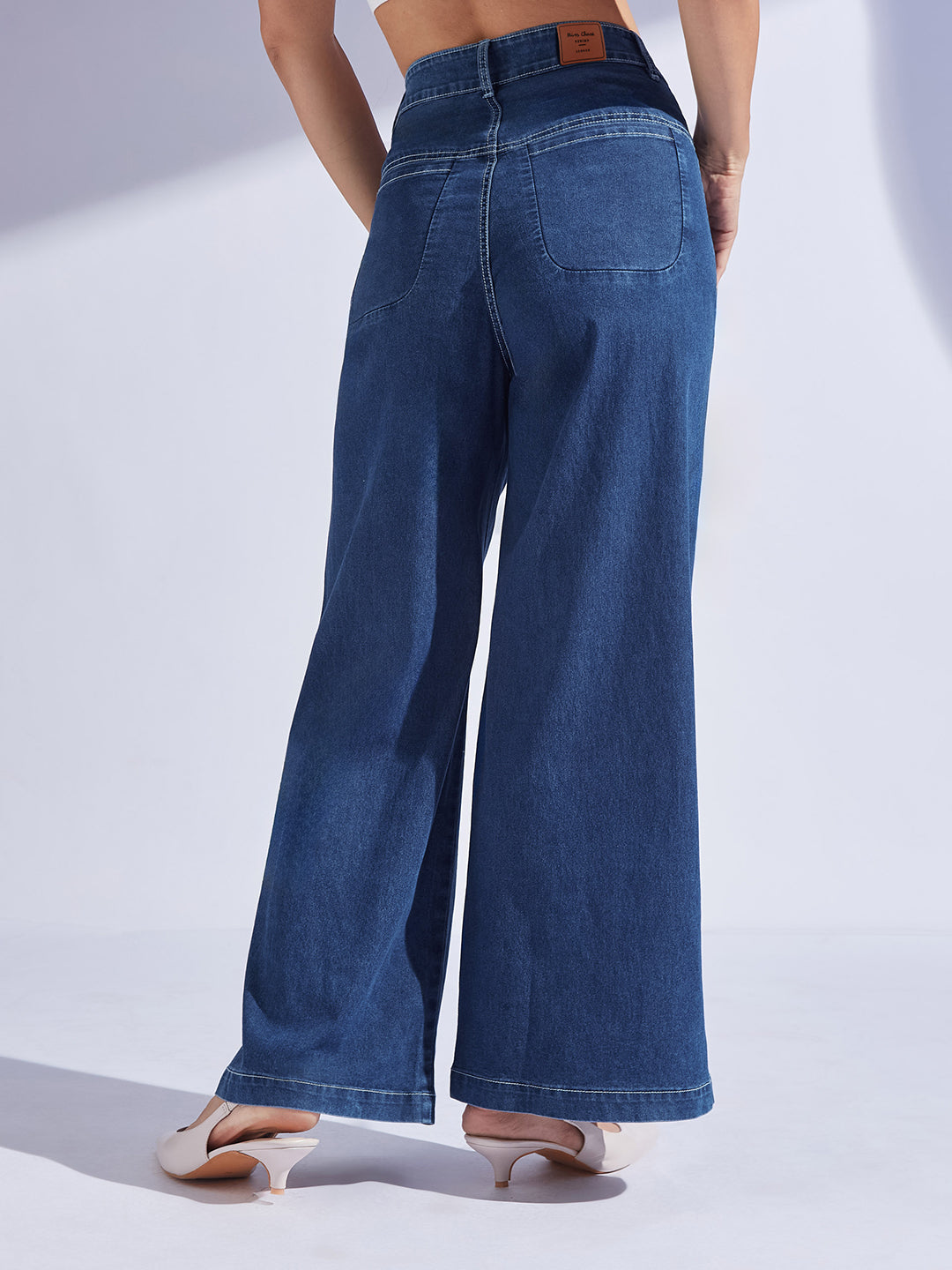 Mid-Rise Dark Blue Korean Pleated Wide-Leg Jeans in Lightweight Stretch Denim for Women — Miss Chase