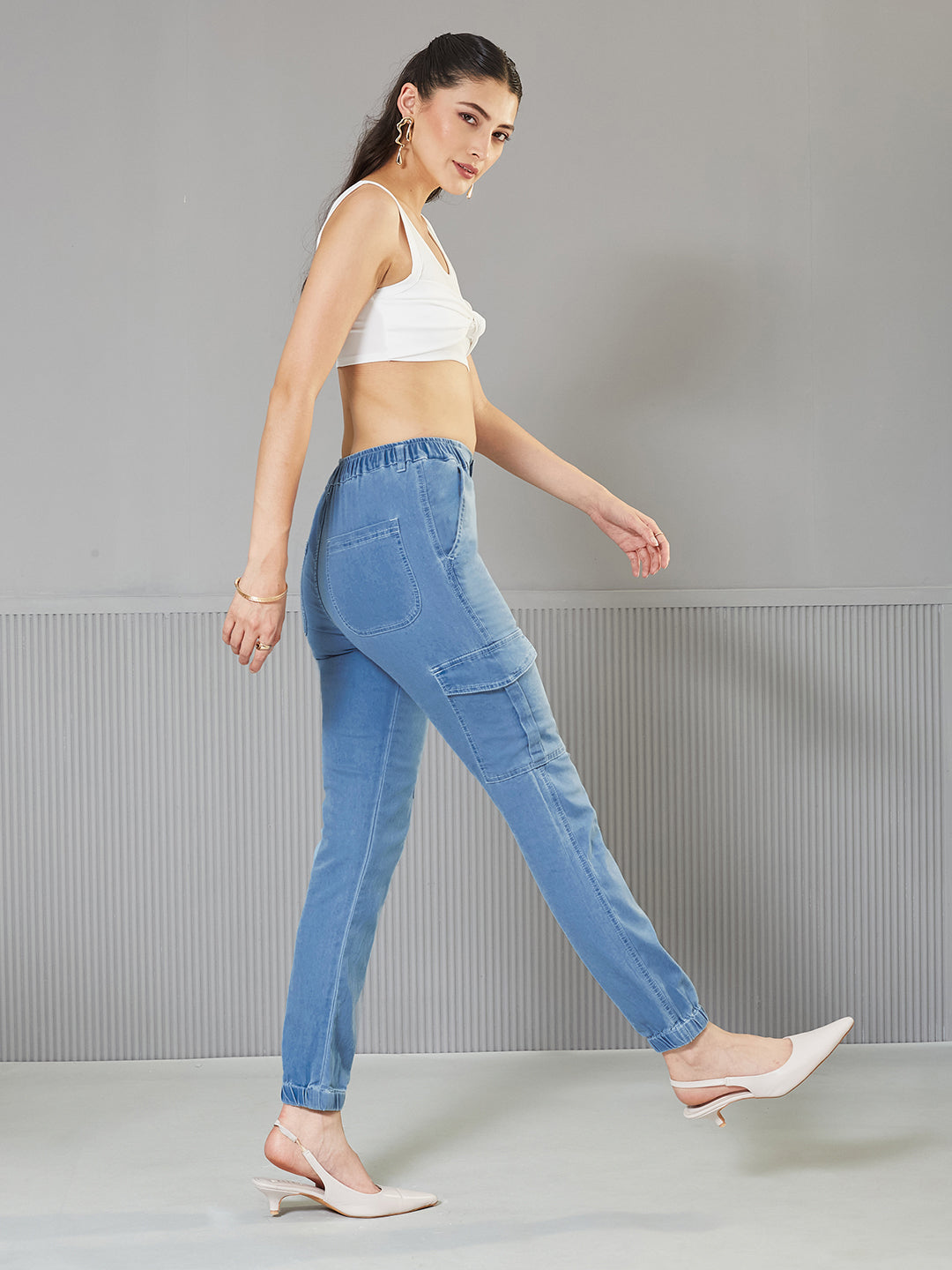 Light-Blue Regular High-Rise  Regular Stretchable Light Weight Denim joggers for Women — Miss Chase