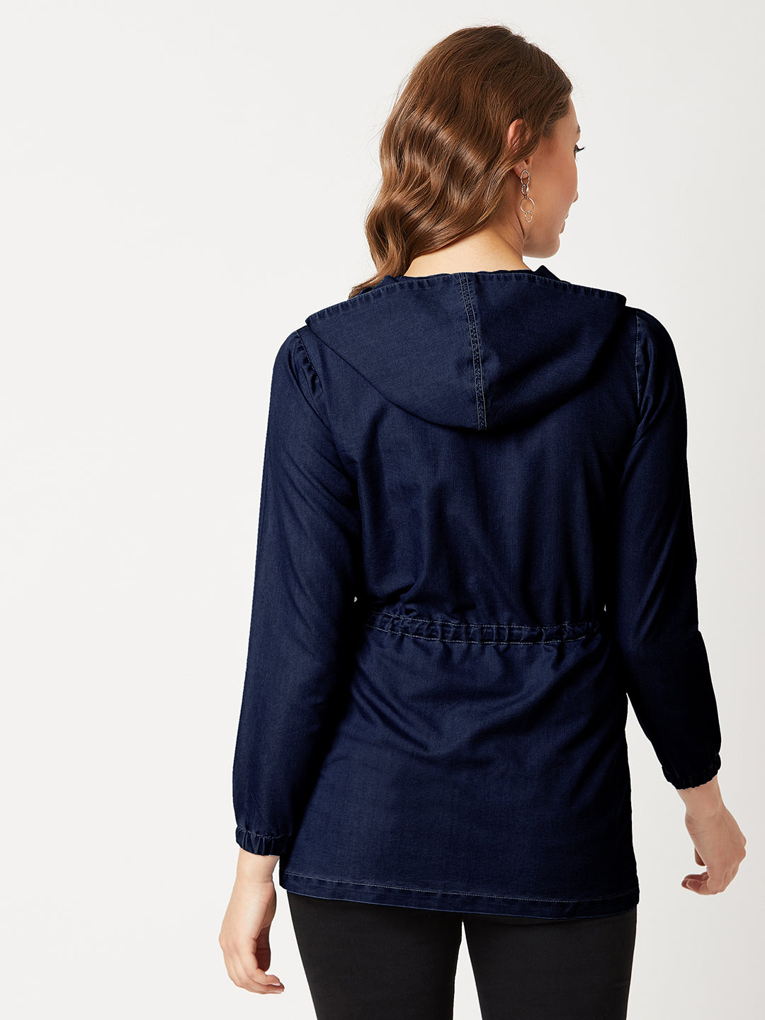 Women's Navy Round Neck Full Sleeve Solid Long hoody with tie-up Regular Length Jacket