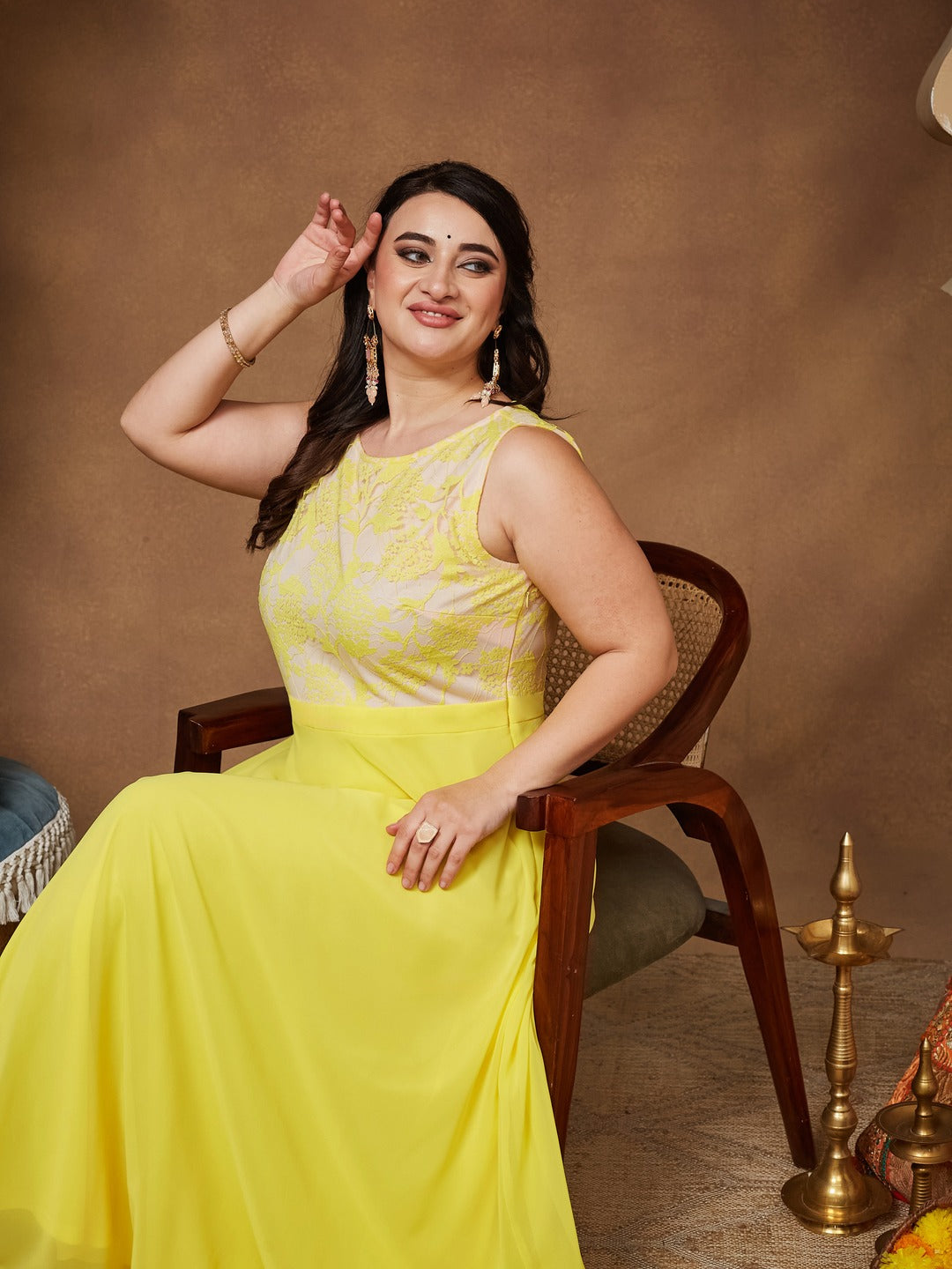 Light Yellow Round Neck Sleeveless Georgette & Lace Floral Fit & Flare Maxi Dress for Women — Miss Chase A+