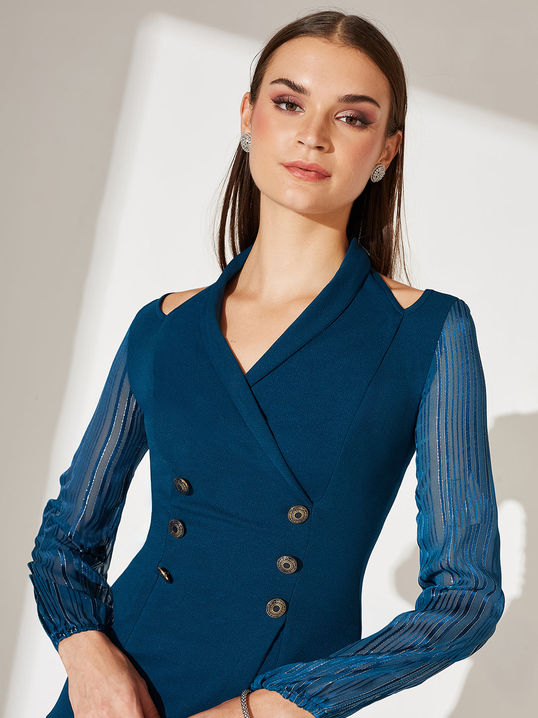 Teal Shawl Collar Bishop Sleeves Solid Double Breasted Knee Length Dress for Women