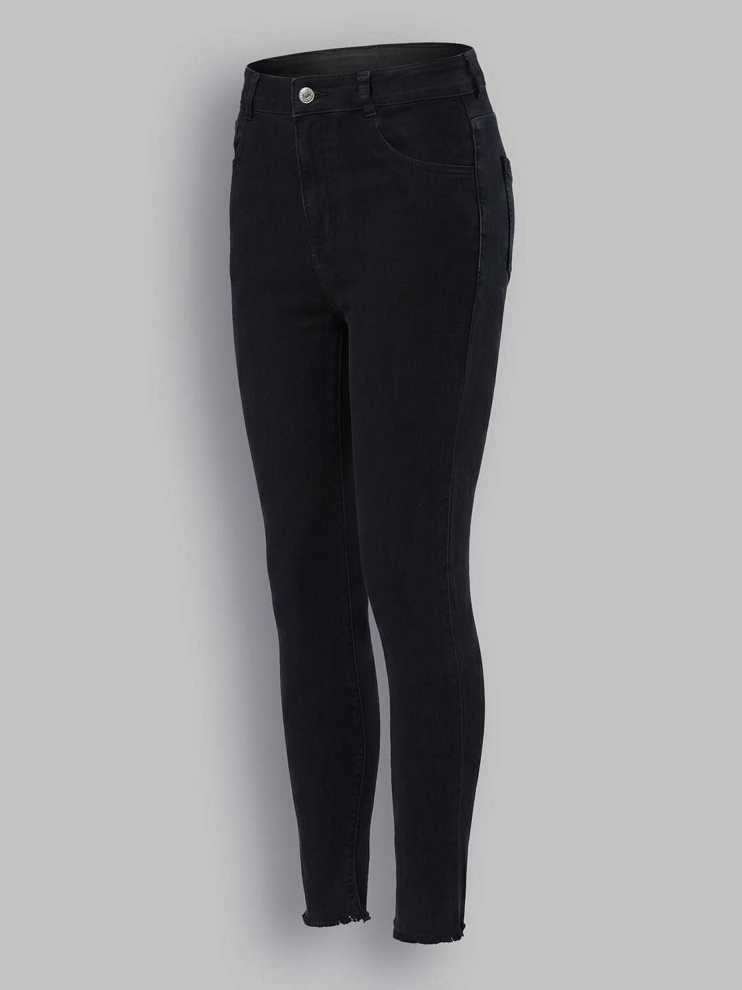 Black Skinny Fringed Detailing High Rise Solid Cropped Stretchable Denim Jeans for Women