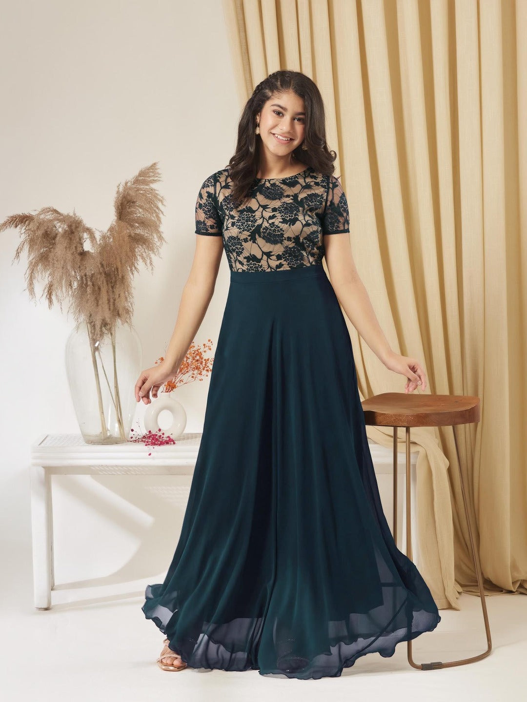Teal Round Neck Half Sleeve Self Design Fit & Flare Georgette Maxi Dress for Girls/Teenagers