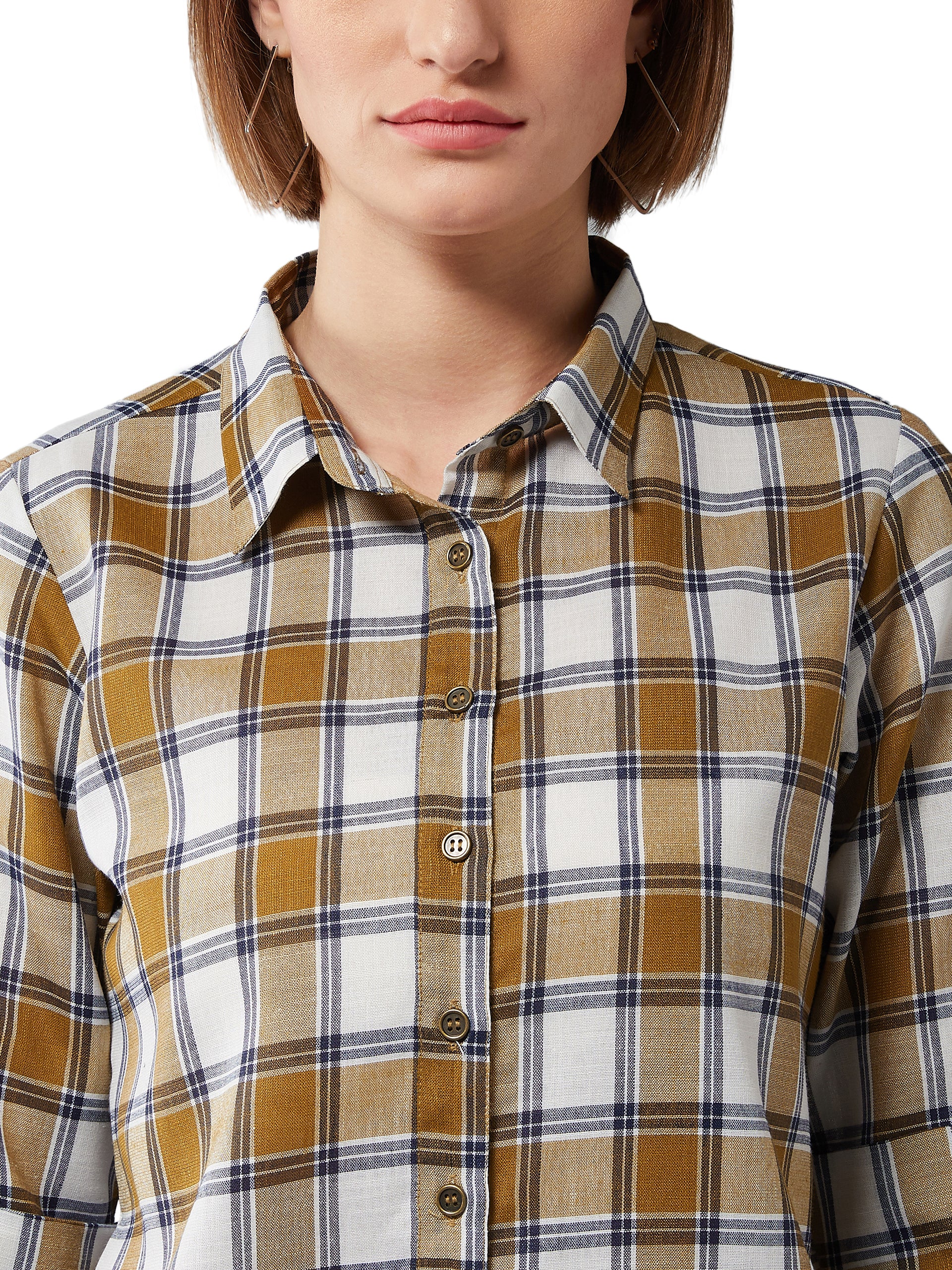 Women's Multicolor-Base White Collared Neck 3/4 Sleeves Checkered Basic Shirt