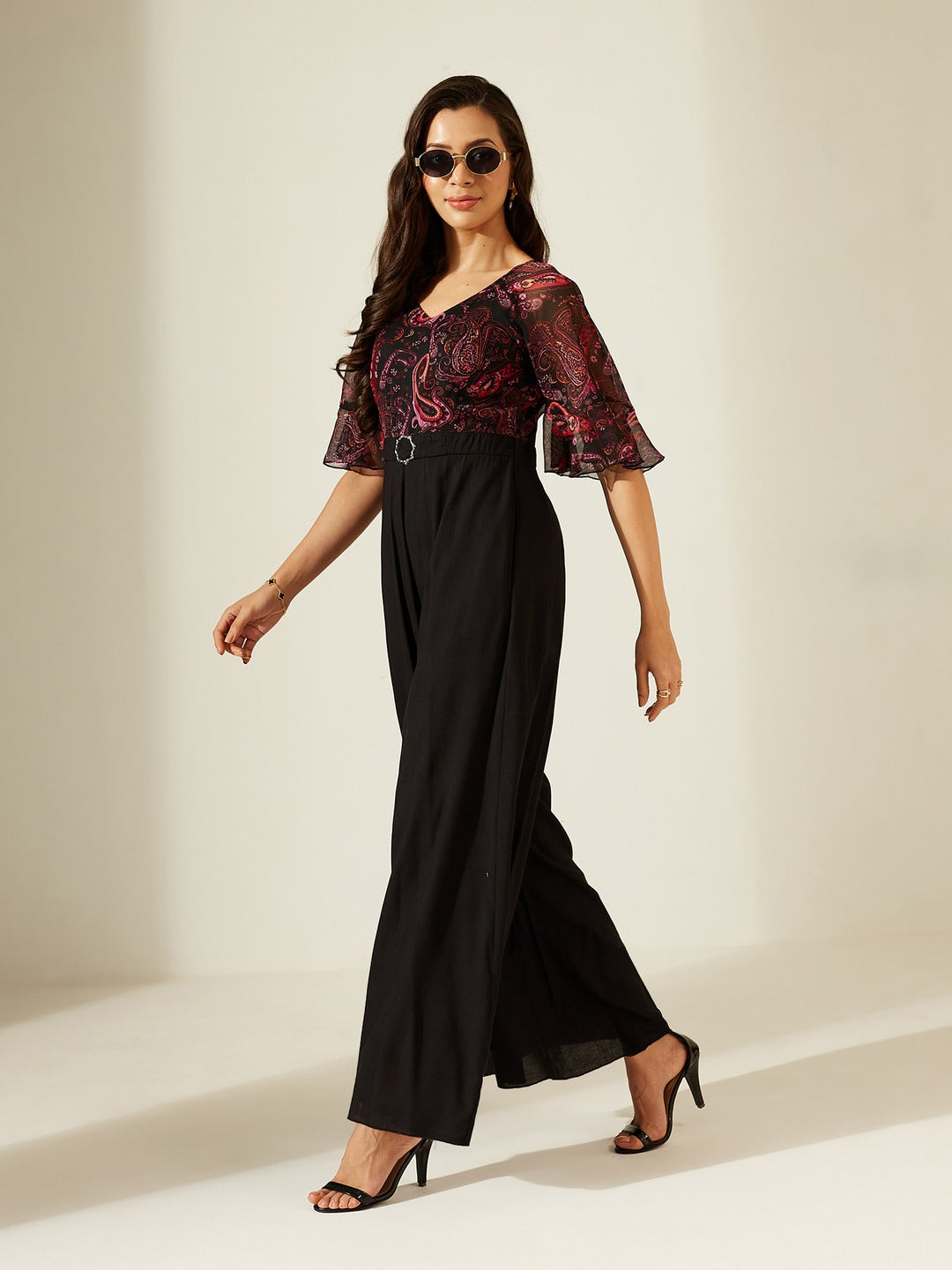 Pink and Black V-Neck Ruffled Sleeve Wide-Leg Printed Jumpsuit for Women for Women