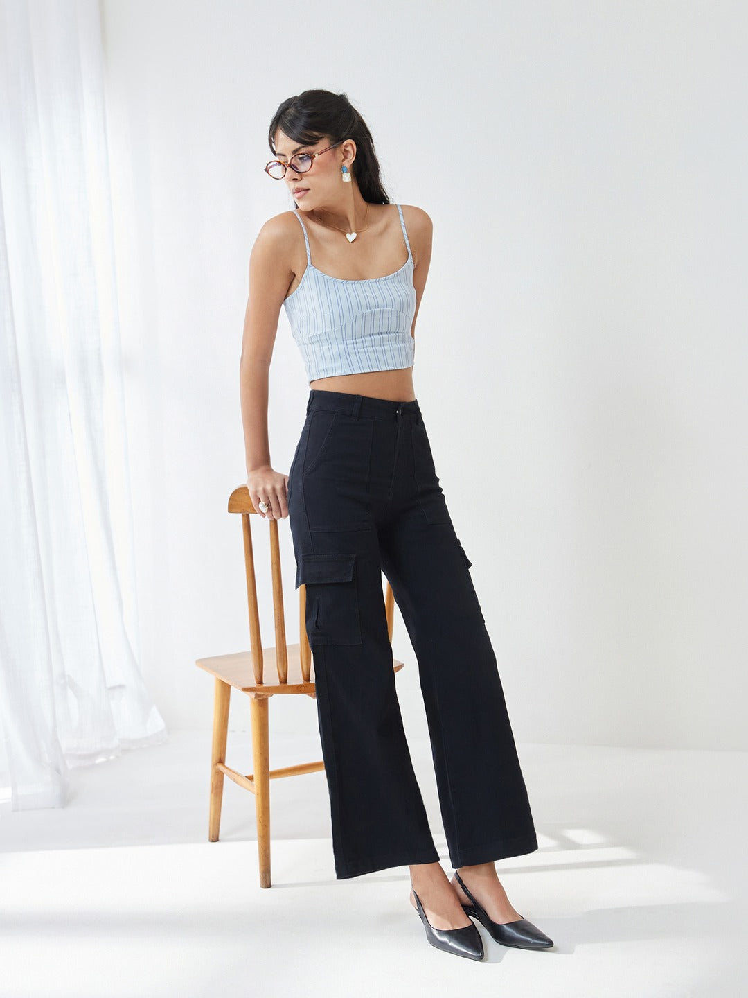 Black Wide leg High rise Regular Stretchable Denim Jeans for Women