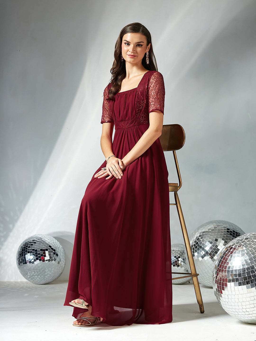 Maroon Square Neck Half Sleeve Solid Embellished Maxi Dress for Women