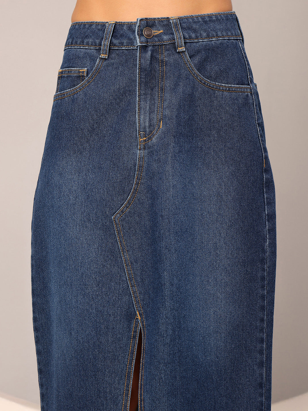 Dark Blue A-Line High-Rise Clean-Look Non-stretchable Denim Midi Skirt for Women