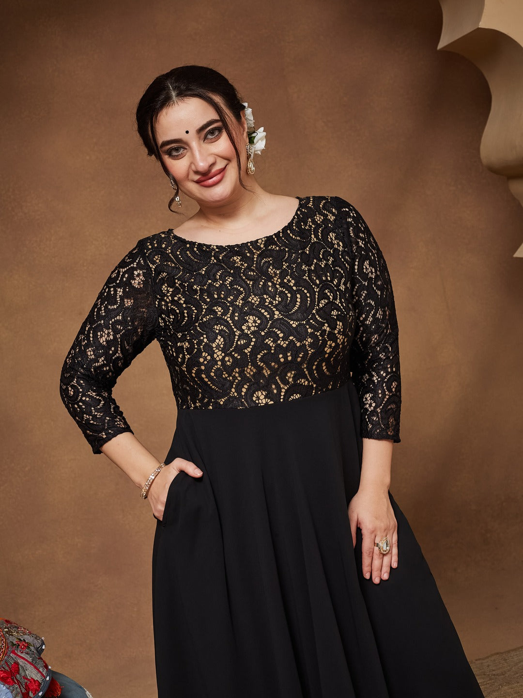 Black Self Design Boat Neck 3/4 Sleeves Side Pocketed Georgette Fit and Flare Maxi Length Dress for Women — Miss Chase A+