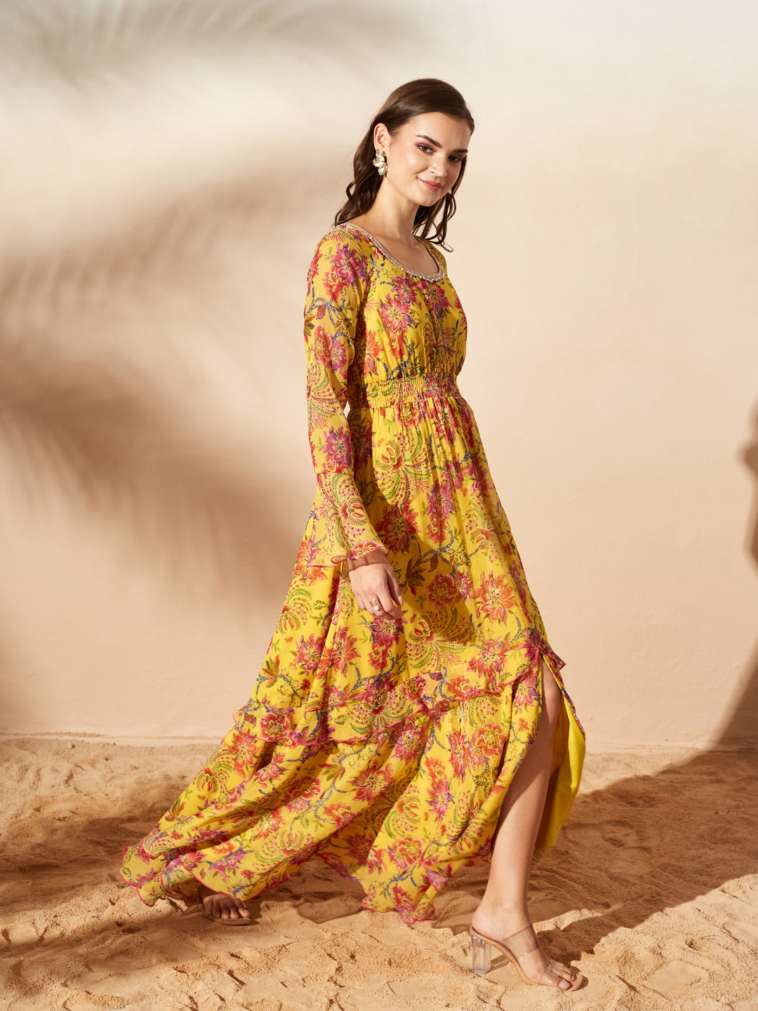 Mustard Sweetheart Flounce Floral Ruffled/ Front Slit Maxi Chiffon Ethnic Dress for Women — Miss Chase