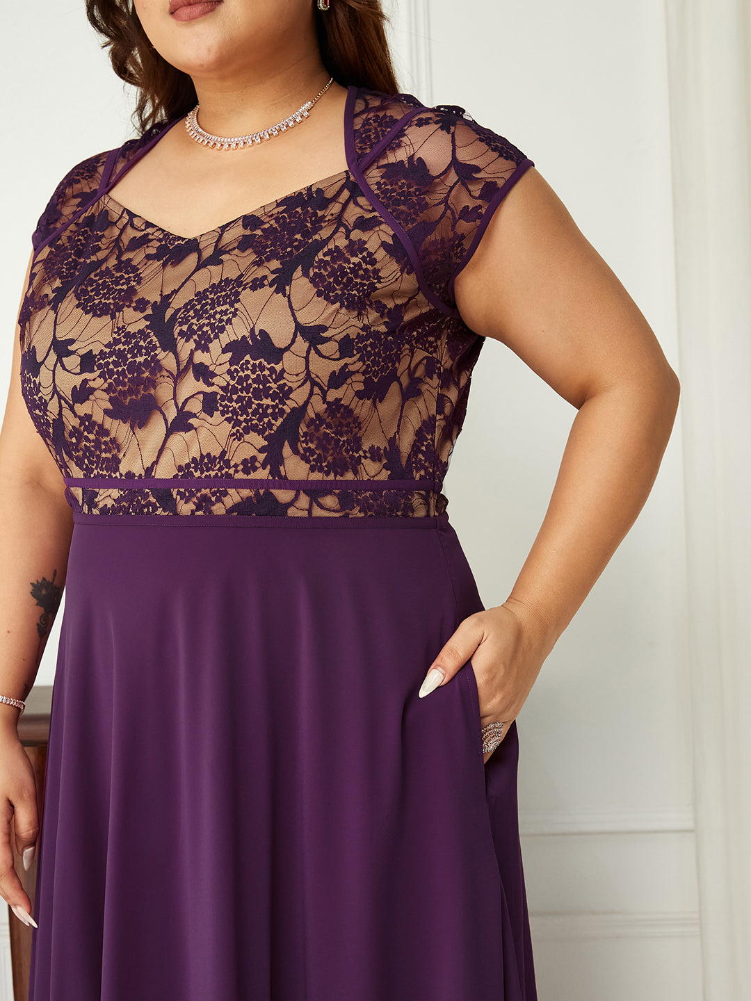 Dark Purple Sweet-Heart Neck Cap-Sleeve Floral Fit & Flare Georgette Maxi Dress for Women