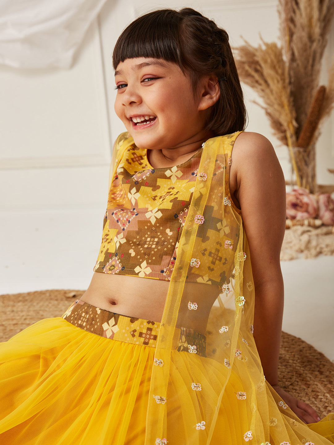 Multicolored-Base-Mustard Boat-Neck Sleeveless Embellished Fit & Flare Regular Fusion Set