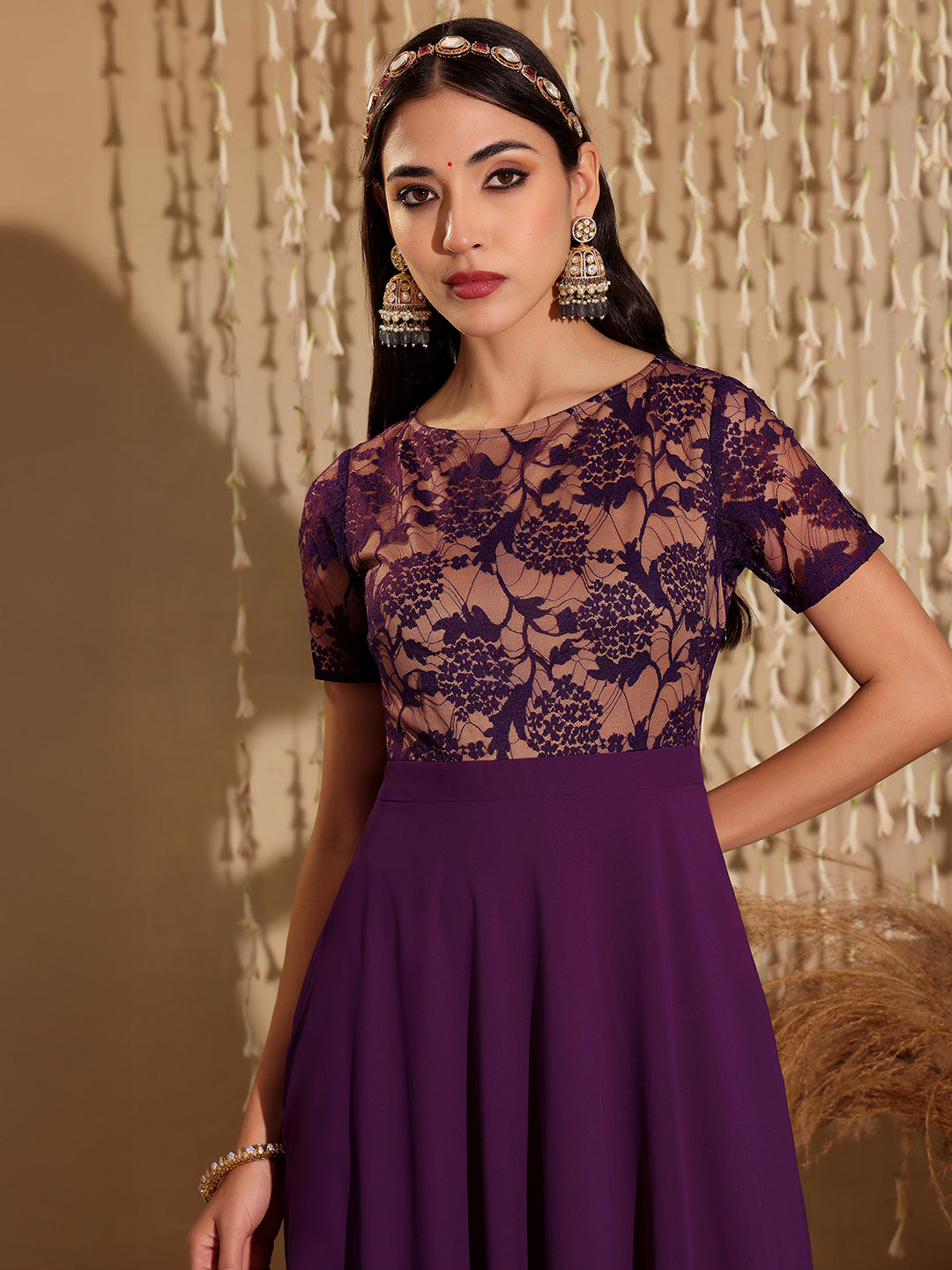 Women's Dark Purple Round Neck Half Sleeve Self Design Fit & Flare Georgette Maxi Dress