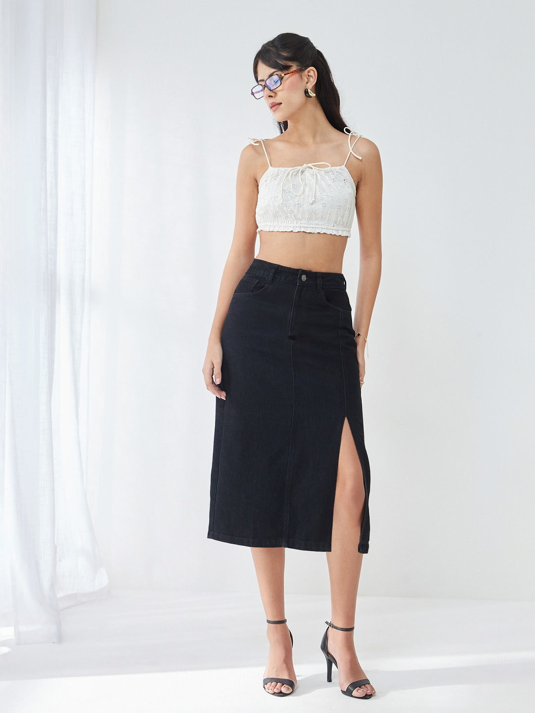 Black Straight-Fit High-Rise Stretchable Denim Midi Slit Skirt for Women