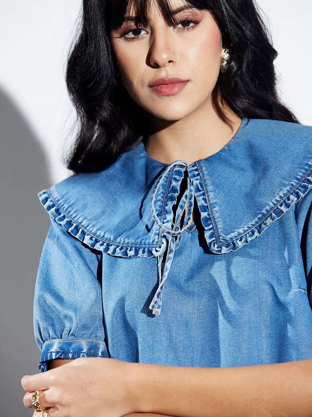 Mid Blue Peter Pan Collar With Mini Ruffles Puff Sleeves Solid A-Line Mini Gathered Dress Mini Denim Dress For Women — Miss Chase