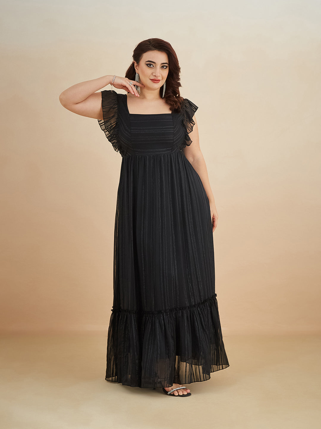 Black Square Neck Layered Ruffles Sleeve Floral Patterned Tiered Maxi Georgette Dress for Women — Miss Chase A+