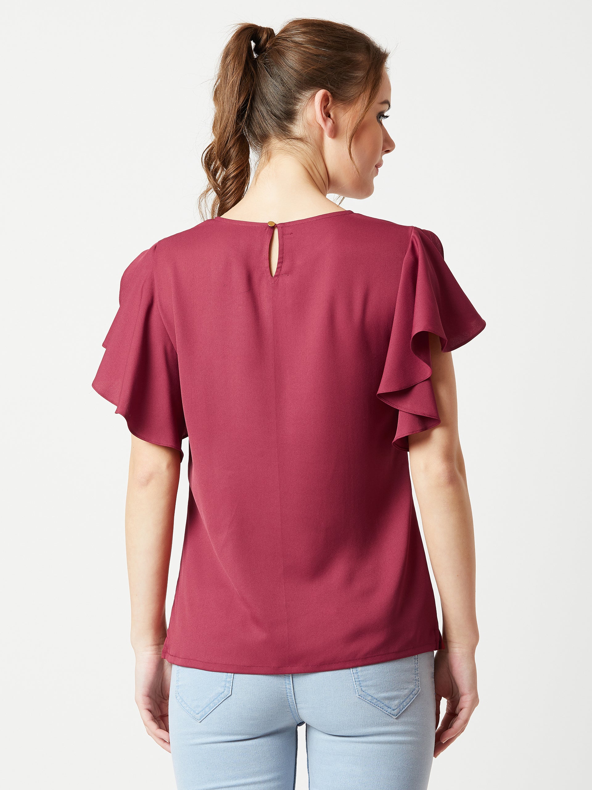 Women's Maroon Round Neck Short Sleeve Solid Ruffled Top