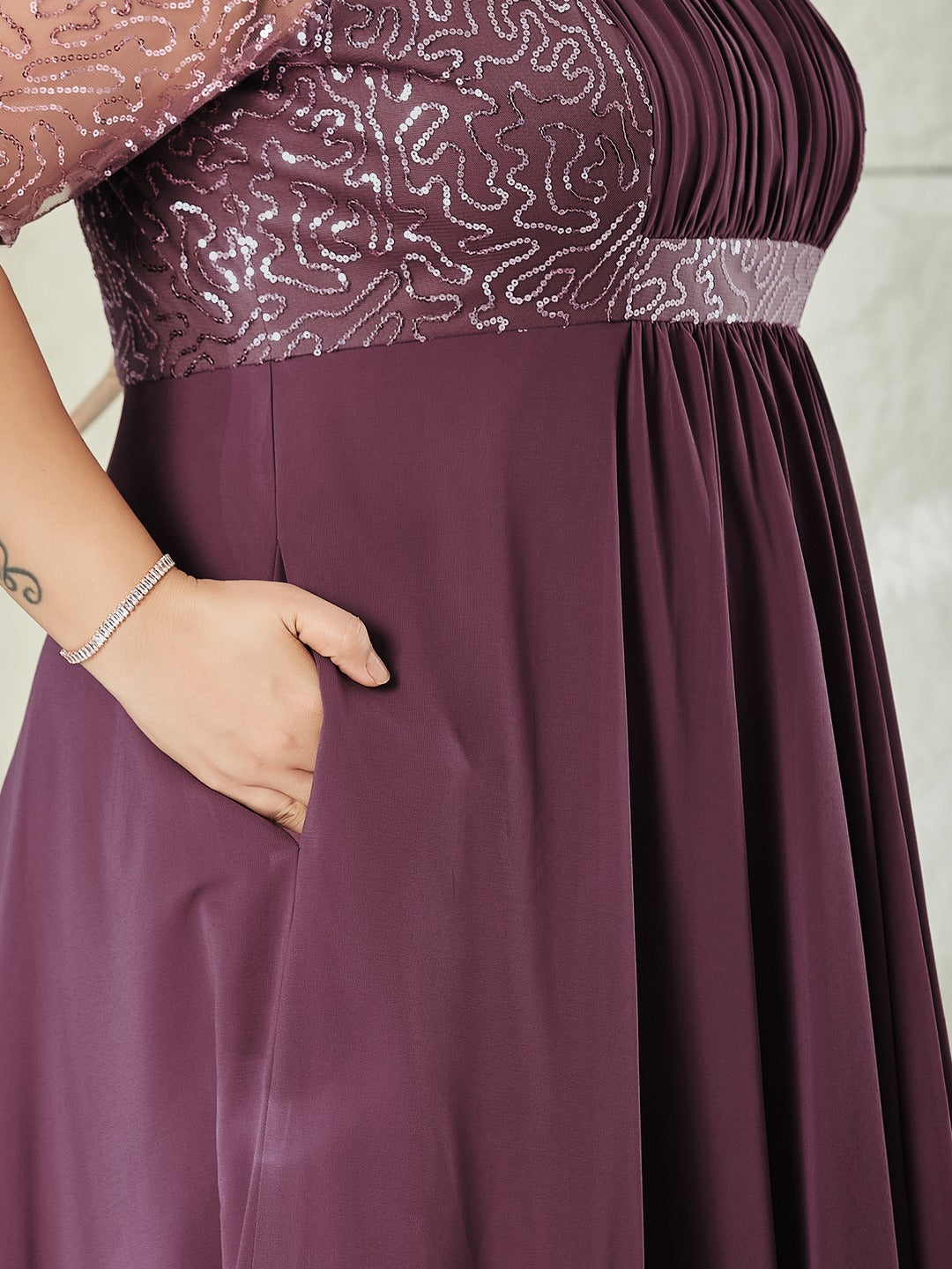 Mauve Square Neck Half Sleeve Solid Embellished Maxi Dress for Women