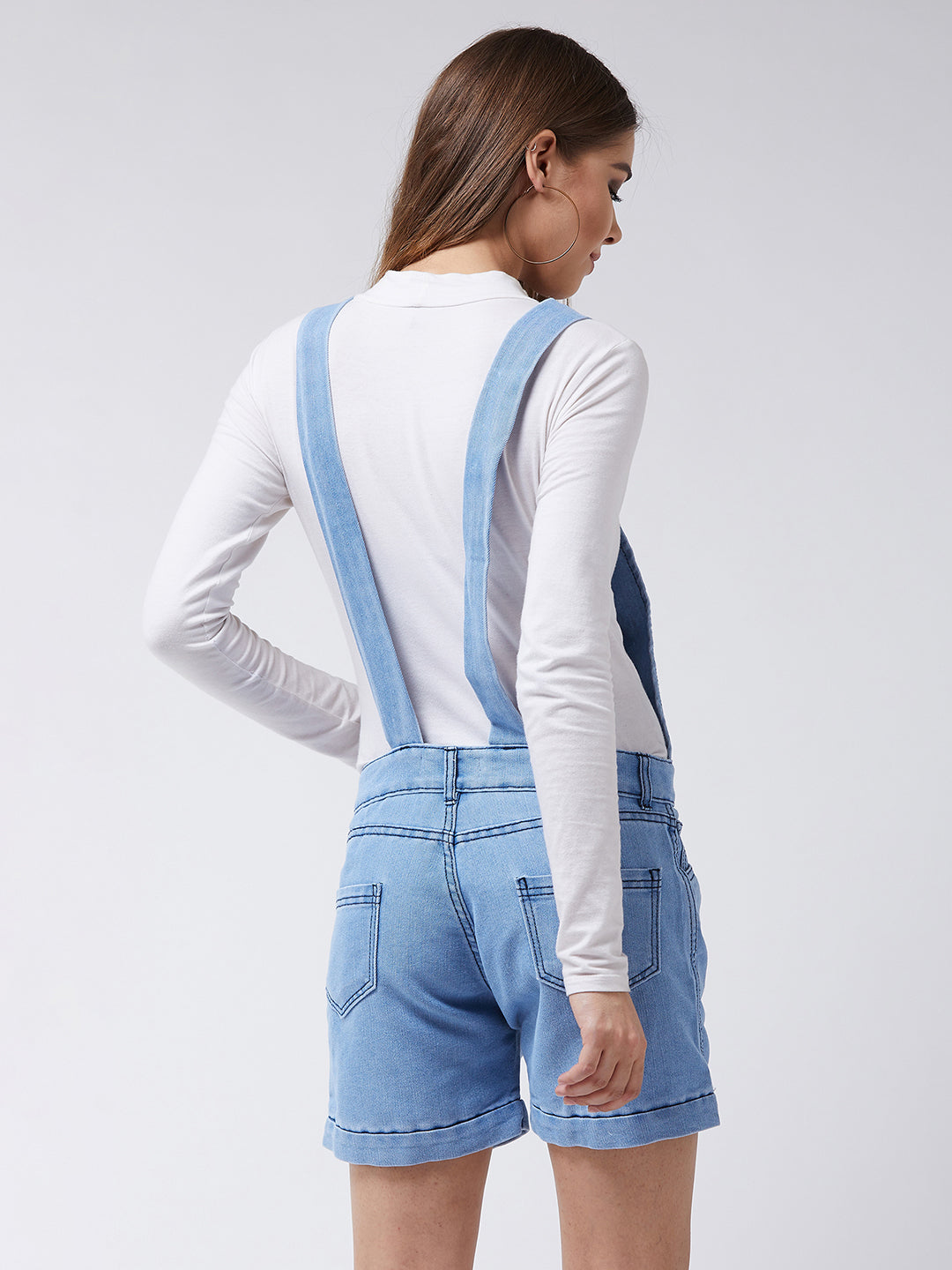 Women's Light Blue Regular Fit Mid Rise Mini Solid Denim Dungaree