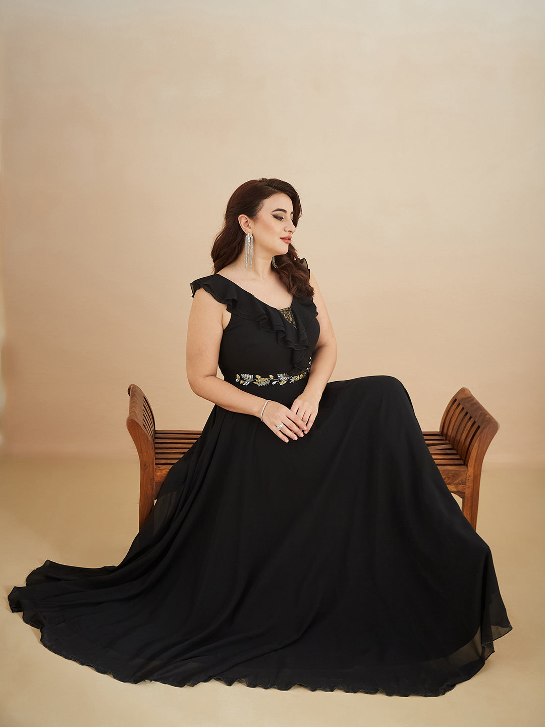 Black Sleeveless Embroidered Ruffled Georgette Maxi Dress for Women — Miss Chase A+