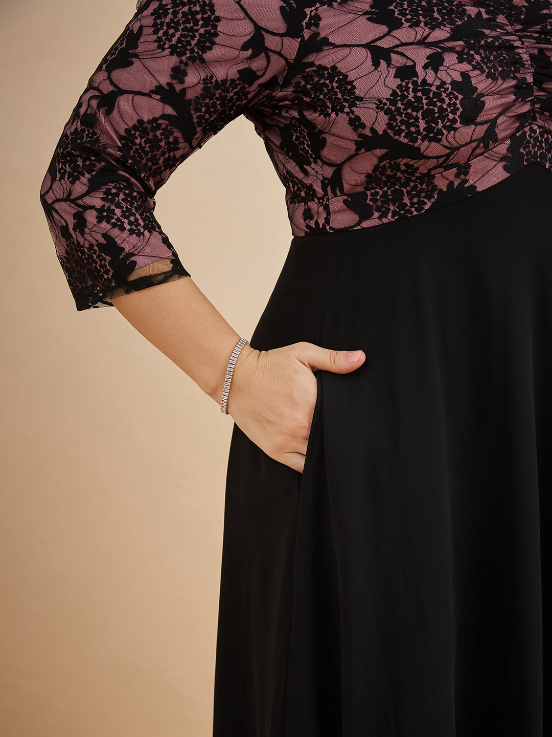 Black And Lavender Sweet heart neck 3/4 Sleeve Self Design Fit & Flare Maxi Dress for Women — Miss Chase A+