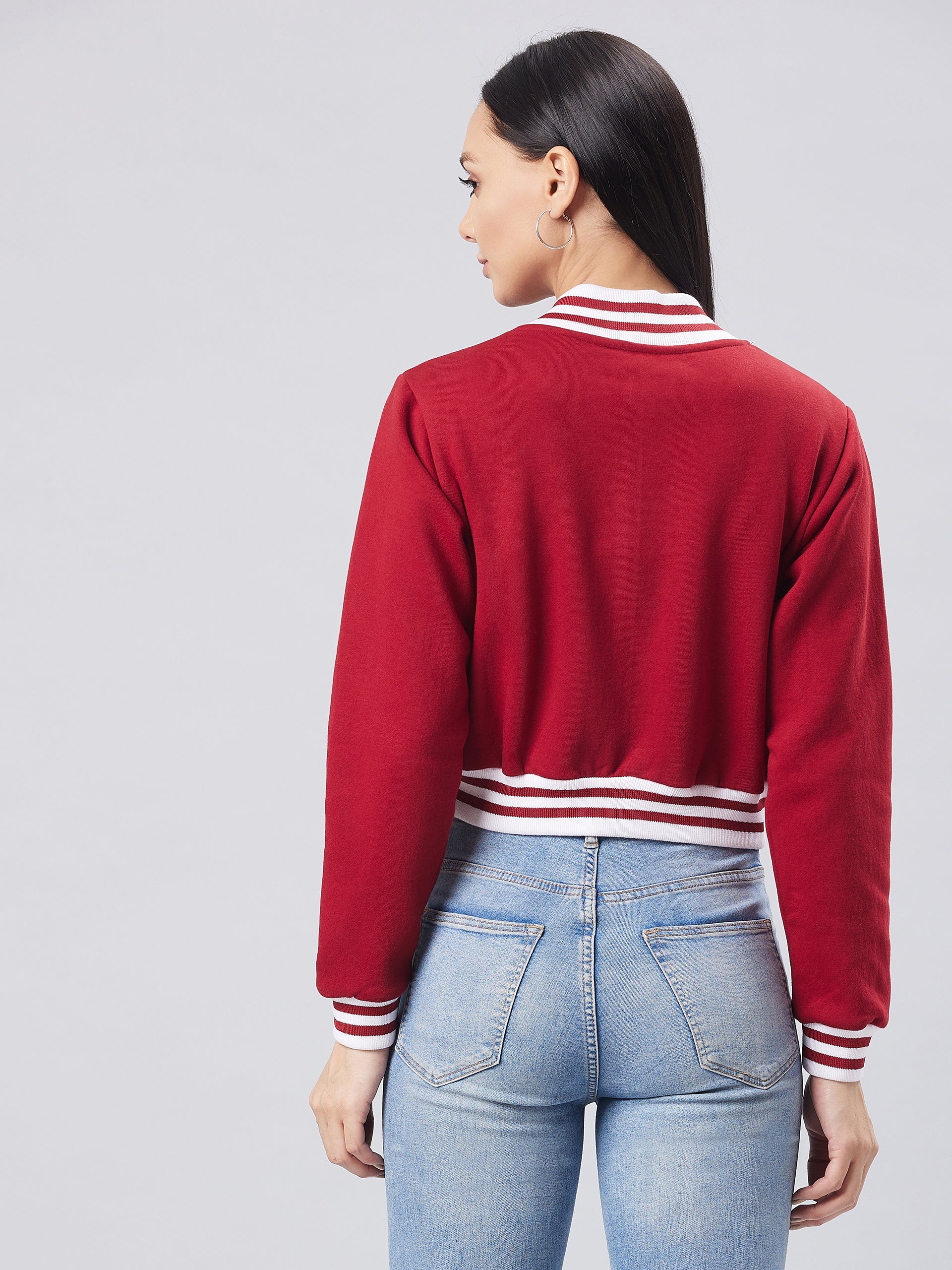 Women's Maroon V-Neck Full Sleeve Solid Bomber Crop Jacket