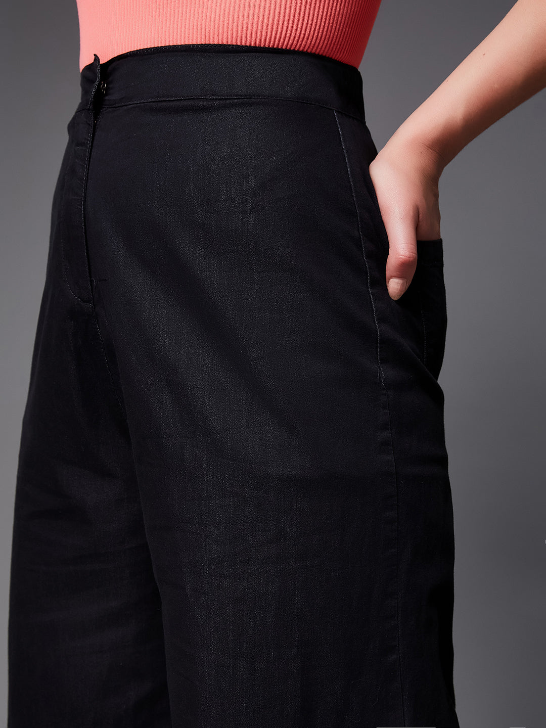 Women's Black Wide-Leg High-Rise Clean-Look Light Weight Regular Length Denim Pants