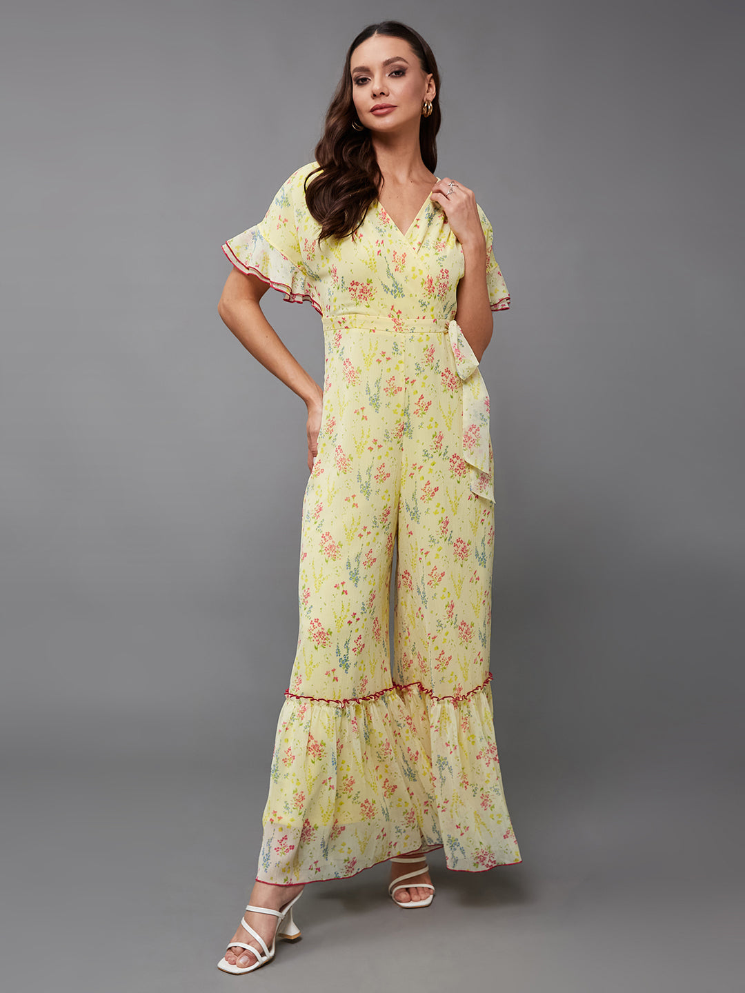 Women's Multicolored-Base-Lime Yellow V-Neck Half Sleeve Floral Wrap Regular-Length Chiffon Jumpsuit