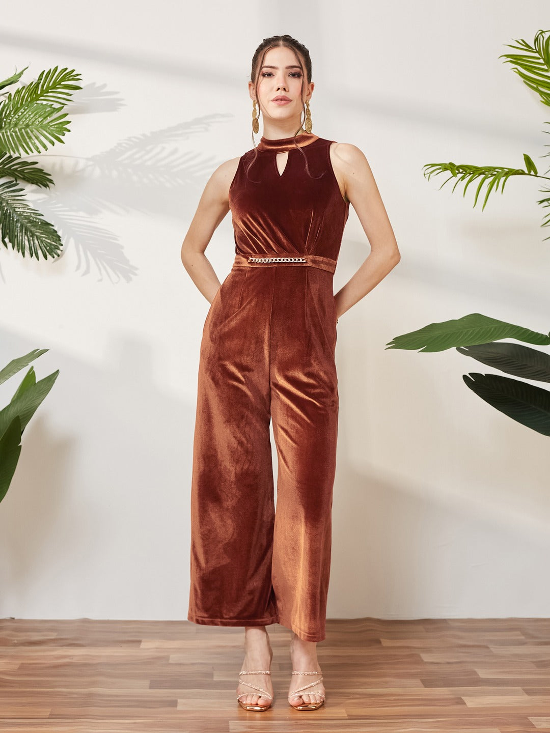 Rust Halter Neck Velvet Jumpsuit for Women