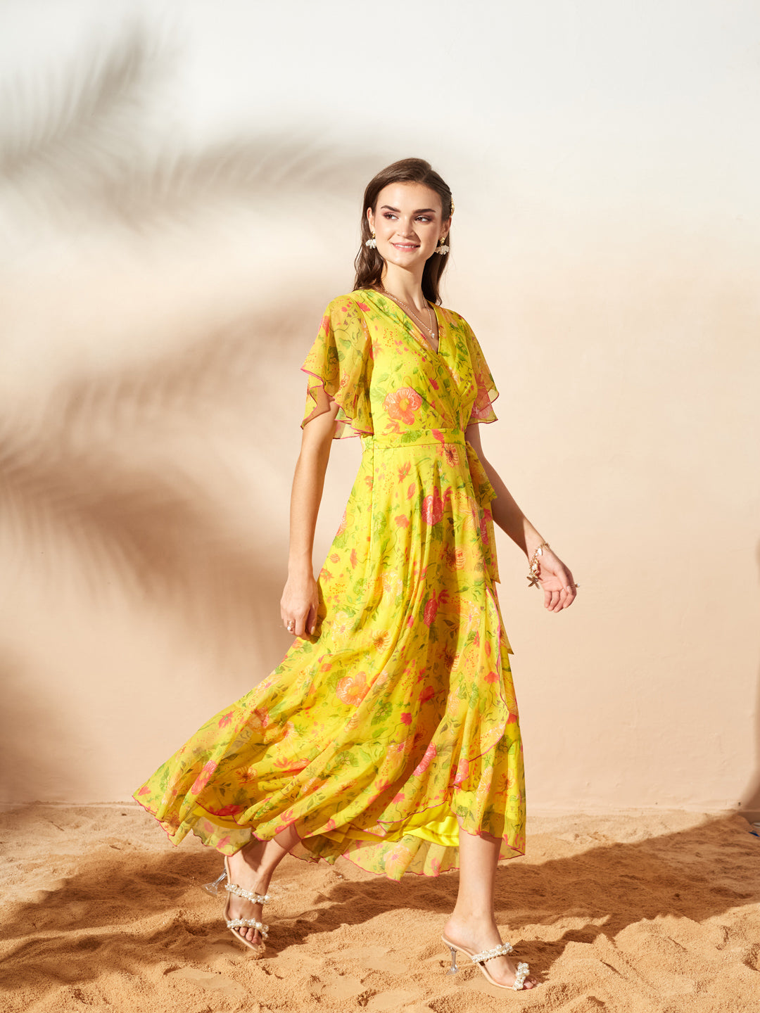 Acid Yellow V-Neck Flared Floral Overlap/Tie-Up Maxi Chiffon Dress for Women