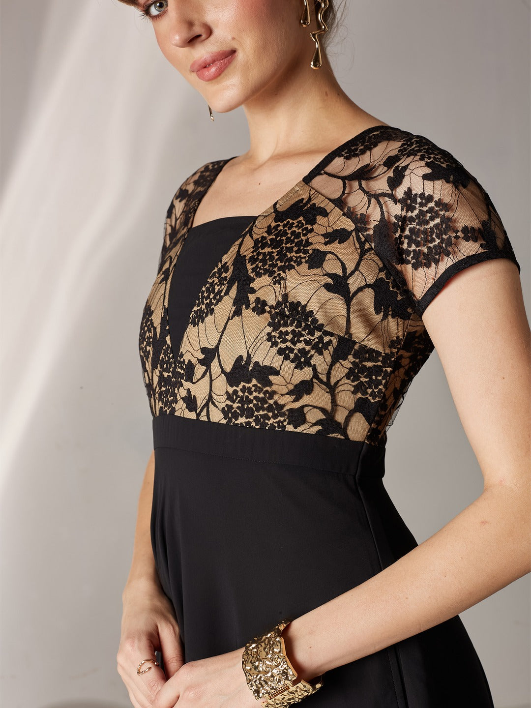 Black Square Neck Raglan Short Sleeve Self Design Lace Overlaid Georgette Maxi Dress for Women