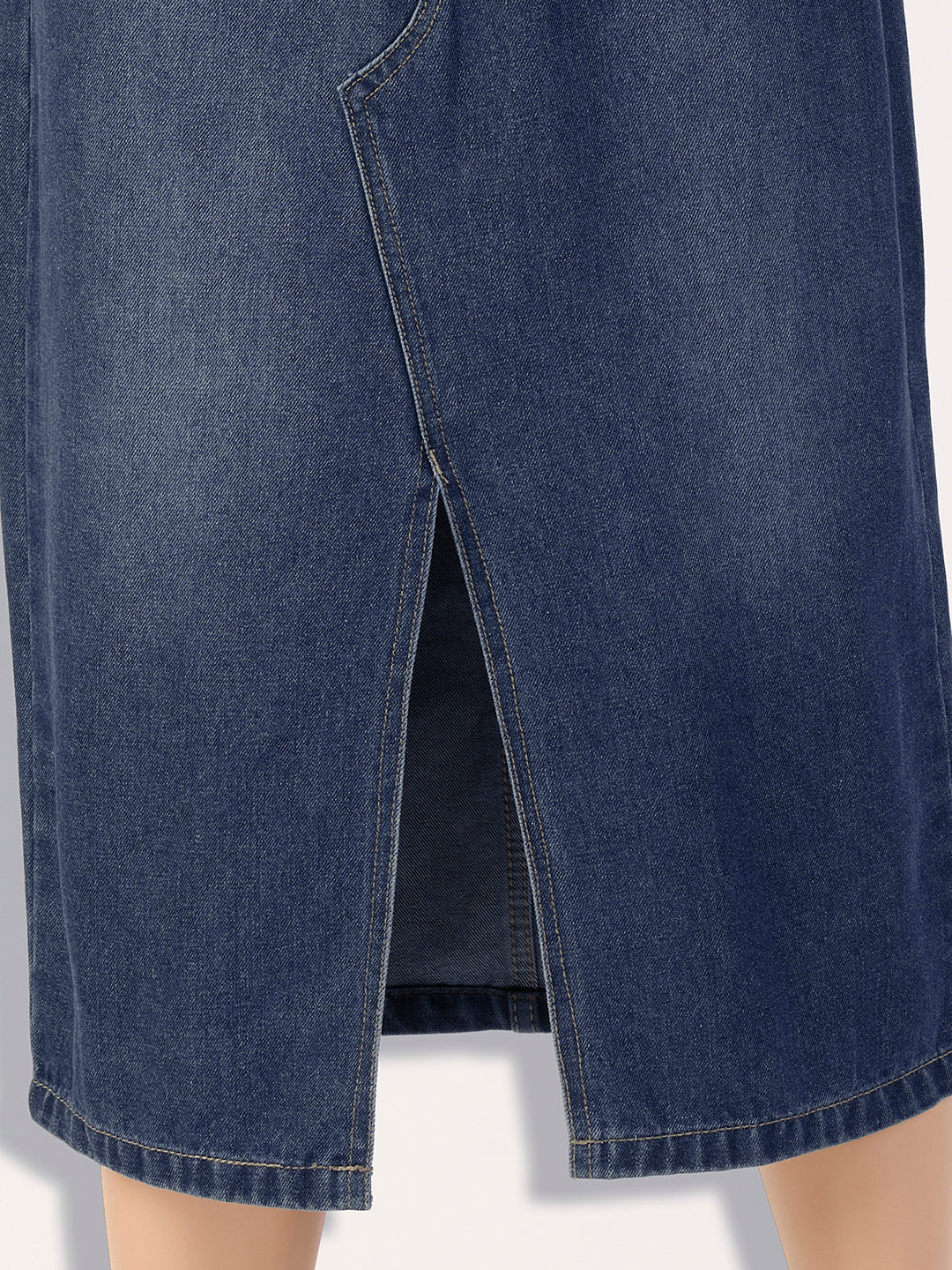 Women's Dark Blue A-Line High-Rise Non-Stretchable Denim Midi Skirt