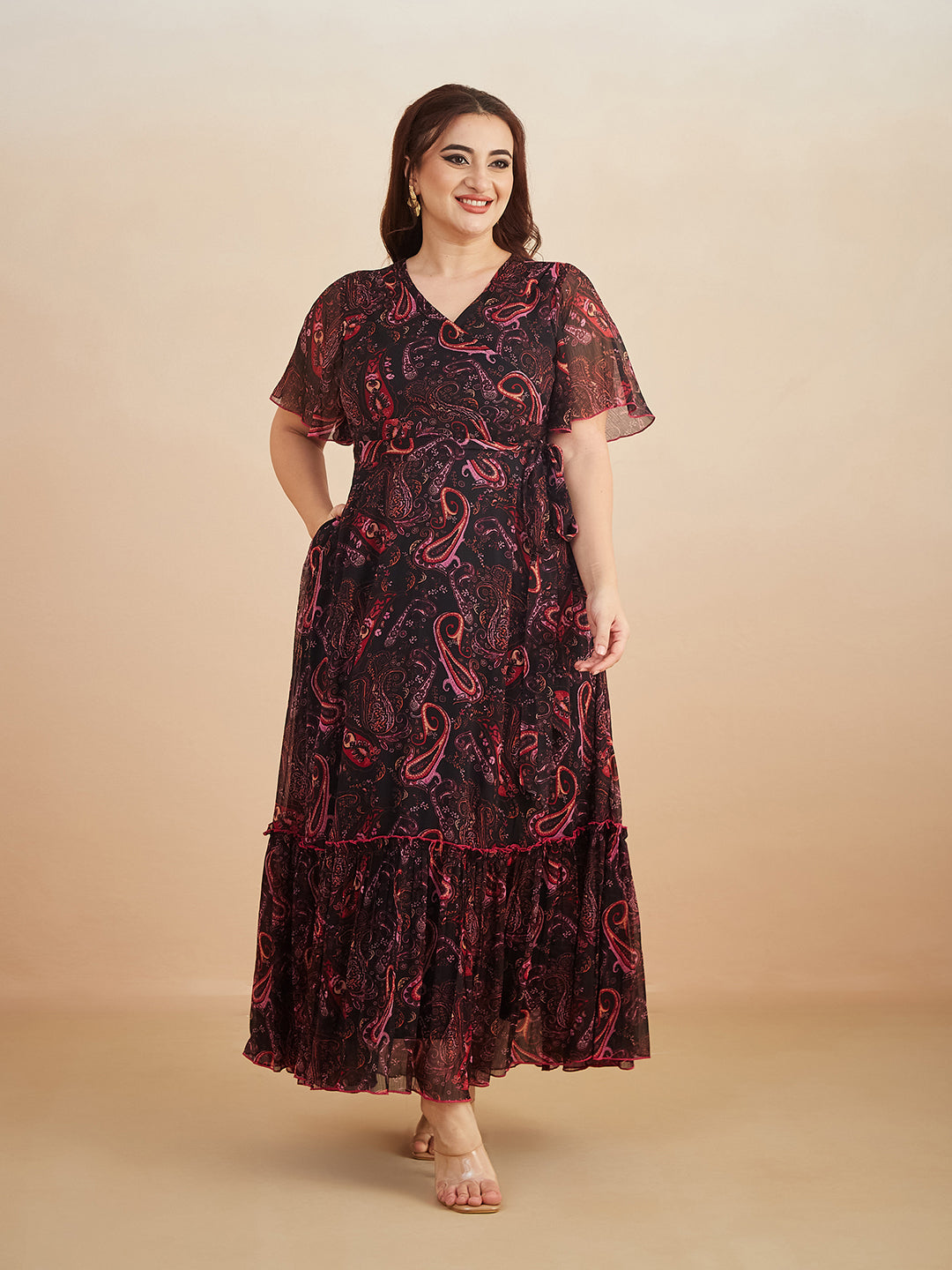 Black Bohemian V-Neck Flutter Sleeve Chiffon Relaxed Fit Wrap Maxi Dress for Women