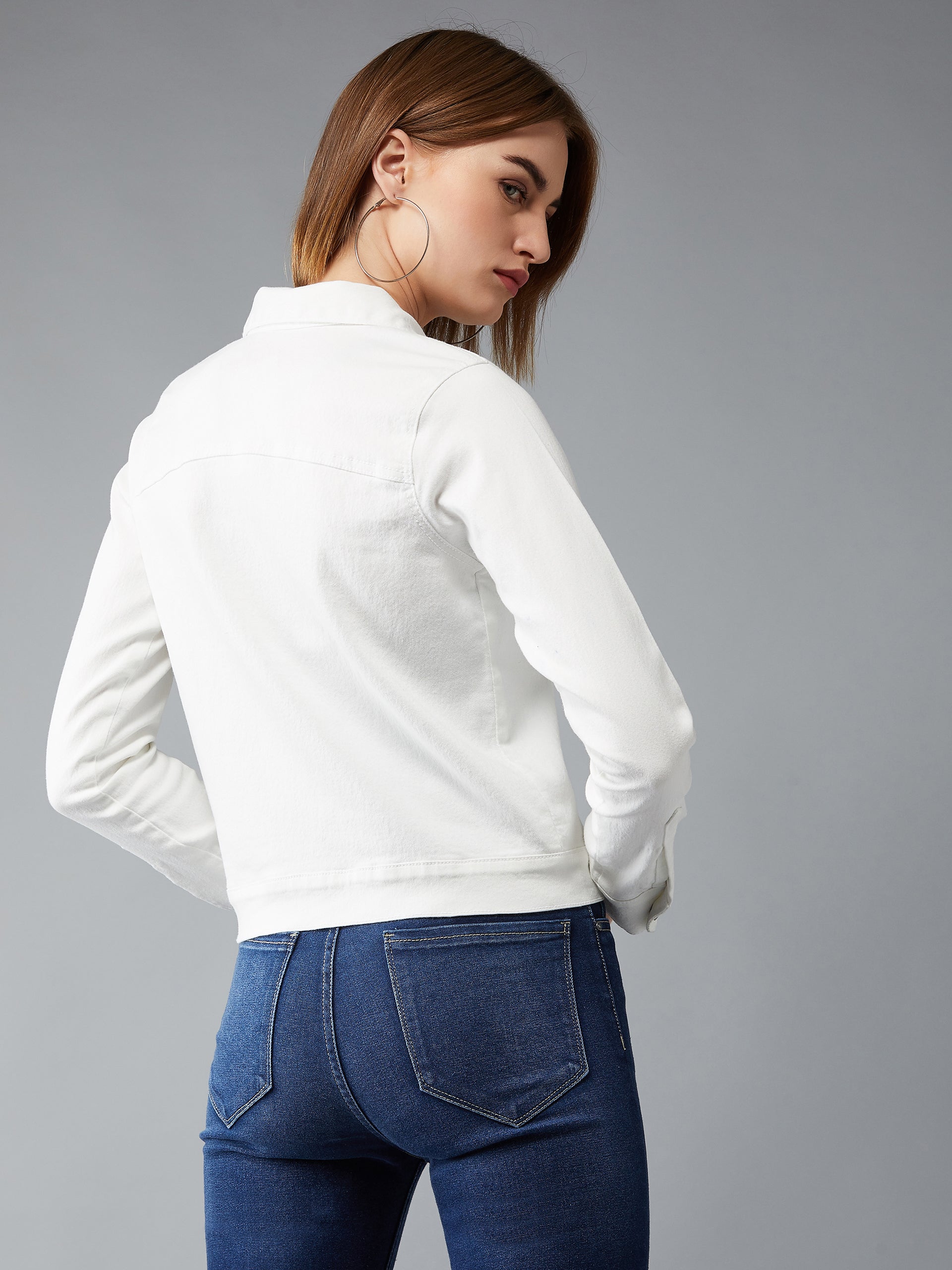 Women's White Polo Neck Full Sleeves Denim Solid Cropped Jacket