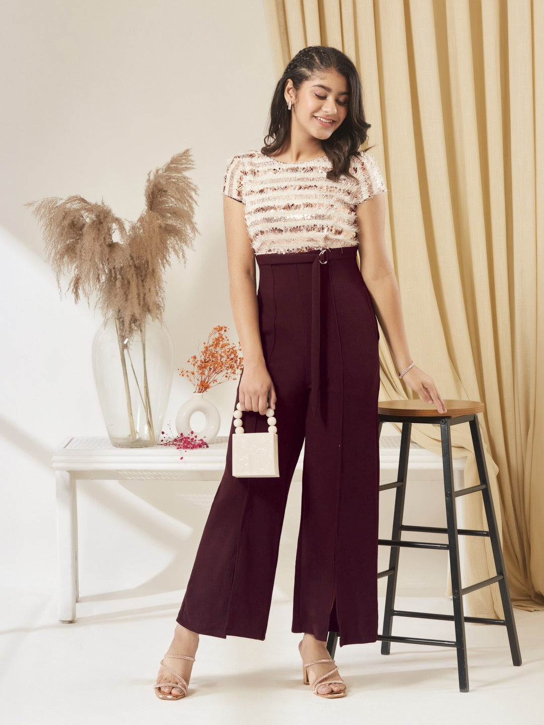 Wine & Beige Round Neck Short Sleeve Embellished Front Slit Fringed Regular Jumpsuit for Girls/Teenagers