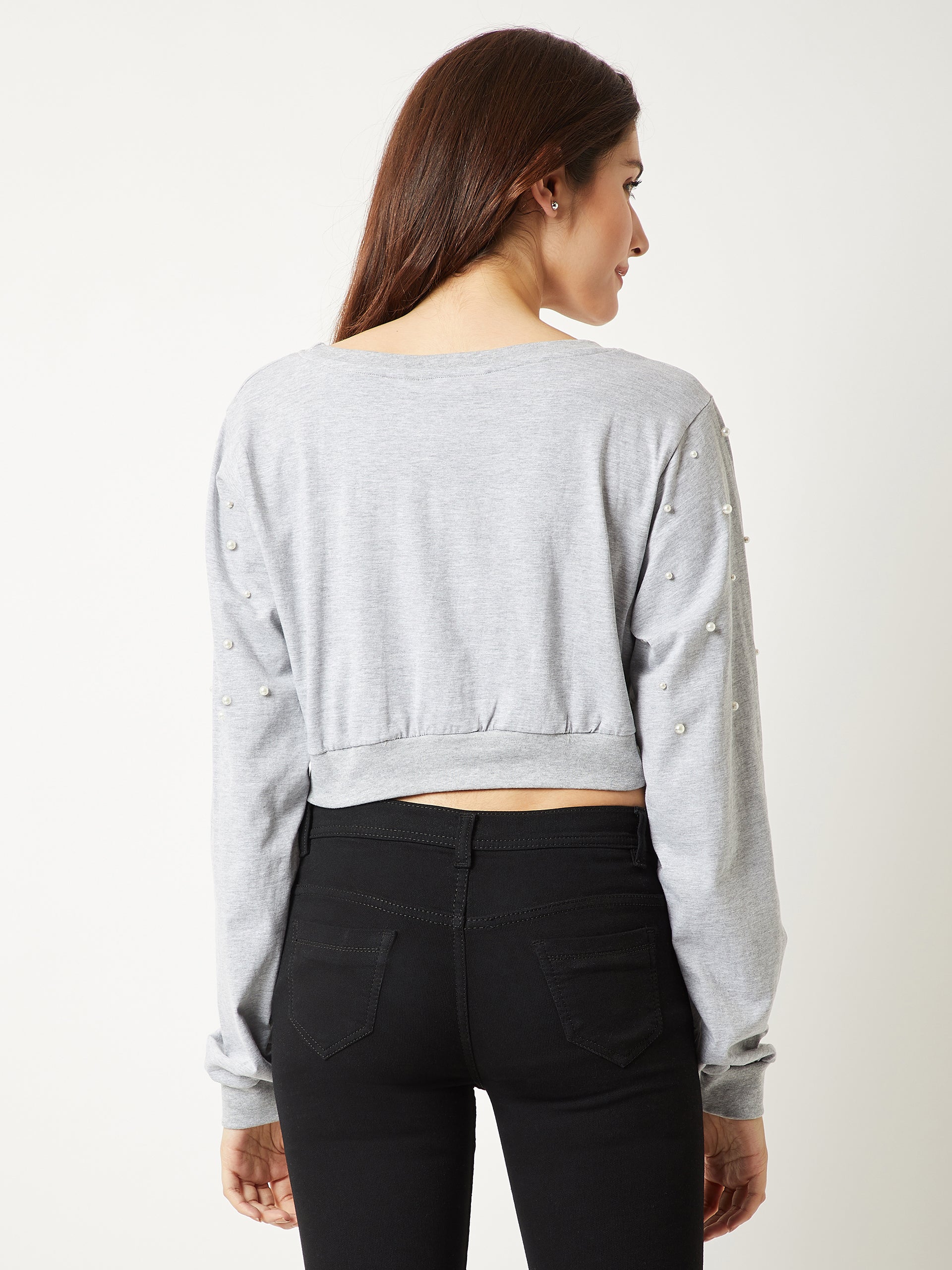 Women's Grey Round Neck Full Sleeve Cotton Solid Pearl Detailing Boxy Crop Top