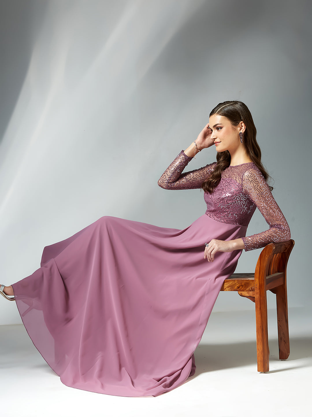 Dusty Lavender Solid Embellished Maxi Dress for Women — Miss Chase